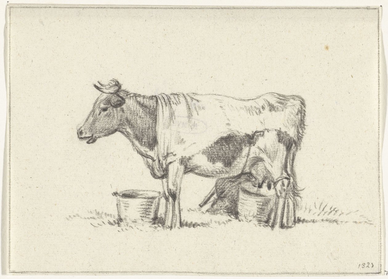 Vaca de pie, con cubo de leche y taburete de leche de Jean Bernard
