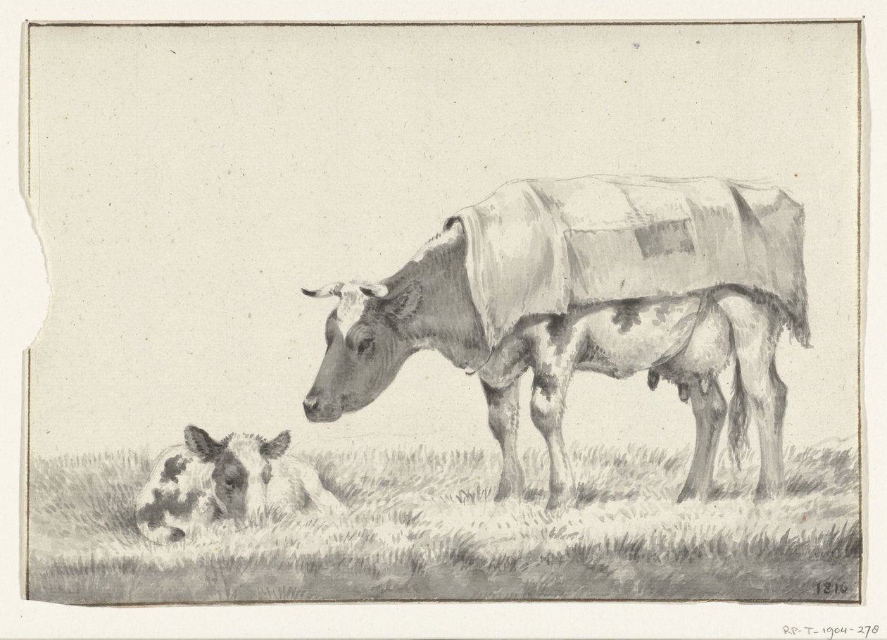 Vaca de pie, a la izquierda, con ternero acostado de Jean Bernard