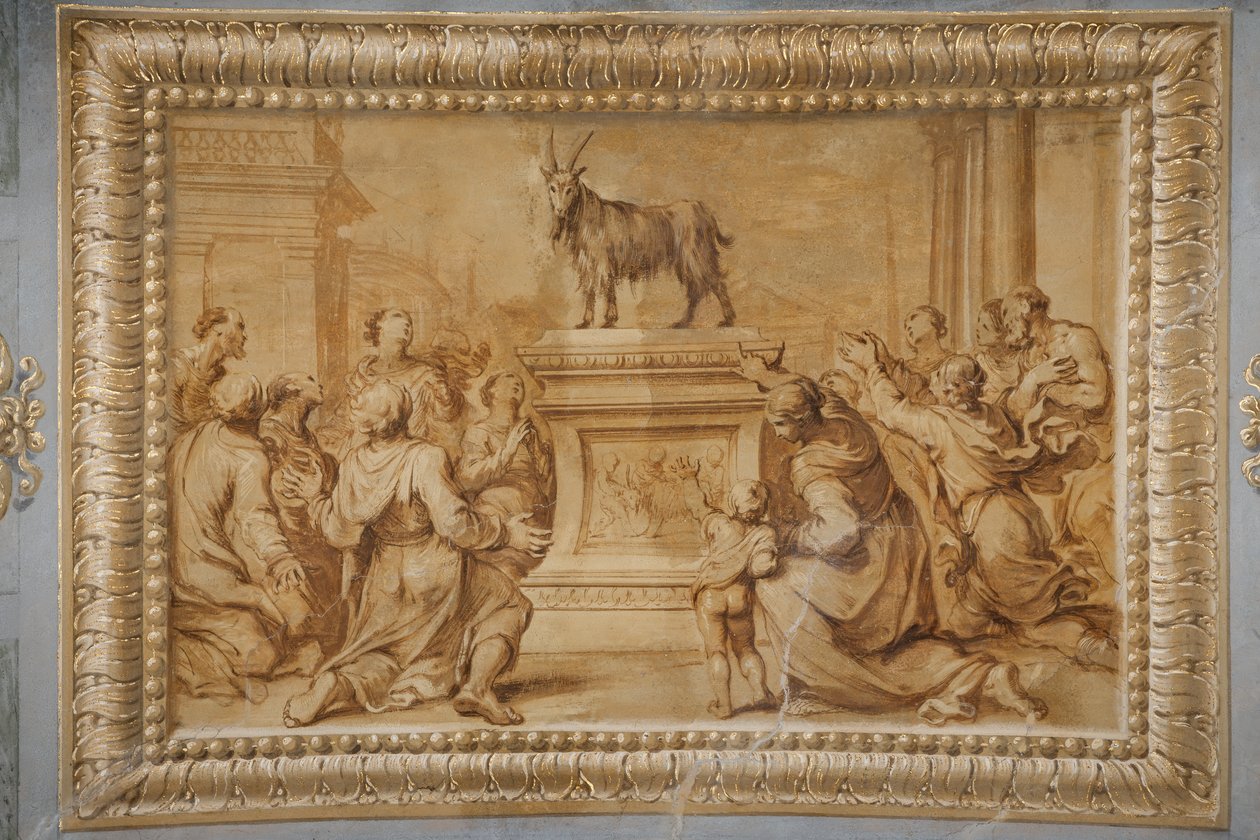 Relieve dorado de imitación, con la cabra colocada en el altar historiado y rodeada de personajes en adoración. de Jean Boulanger