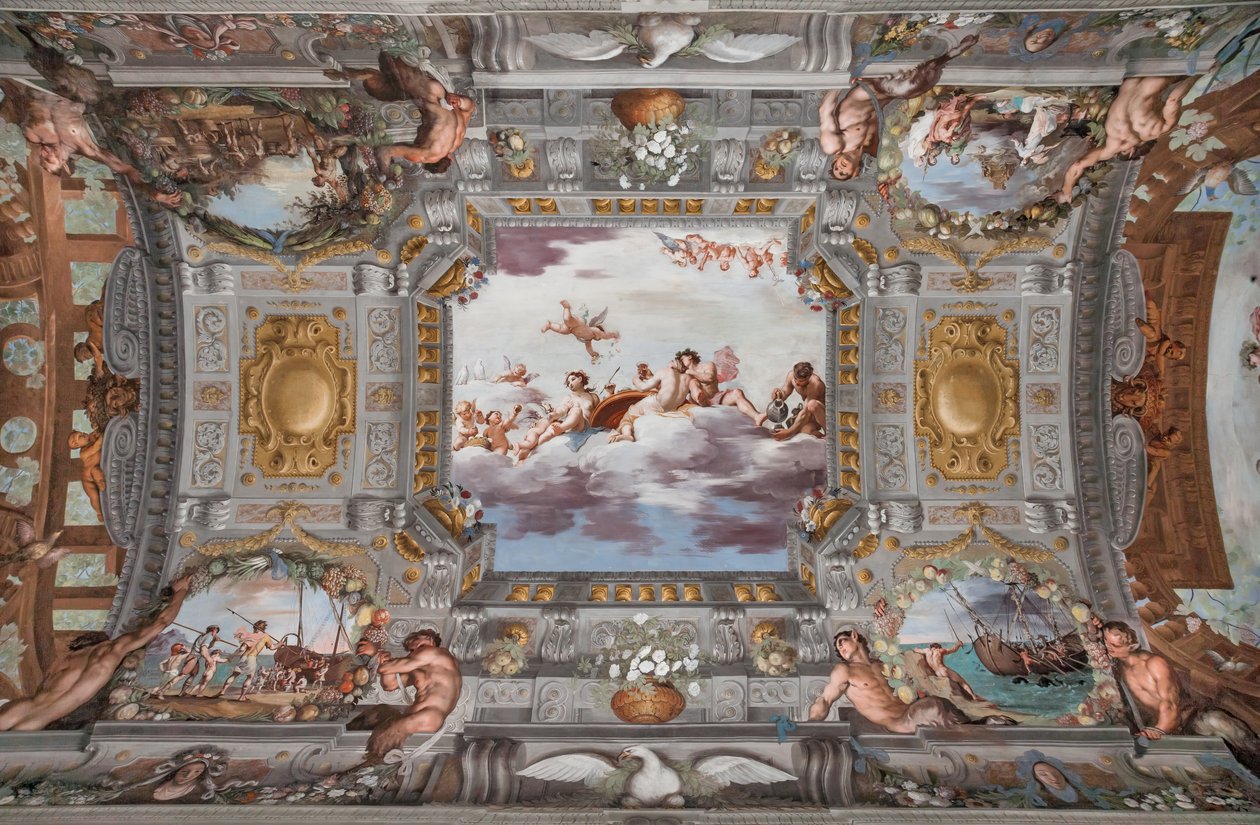 Banquete de bodas. En las nubes, Baco, Ariadna y Venus, con una figura que sirve vino, están sentados a una mesa redonda. Los demás dioses observan desde lejos. de Jean Boulanger