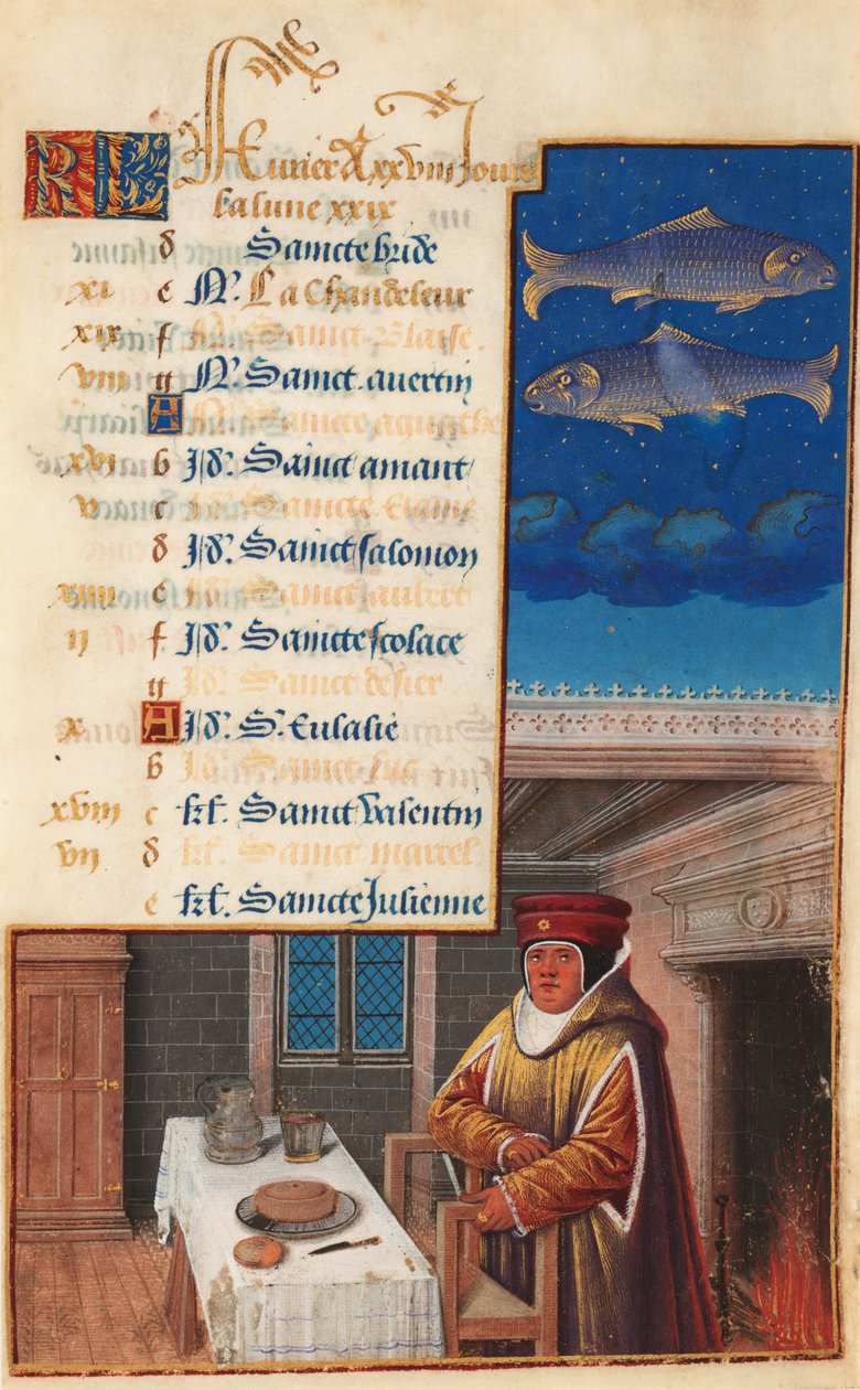 Horas de Luis XII (anteriormente Horas de Enrique VII), hoja del calendario para el mes de febrero, c.1490-1510 de Jean Bourdichon