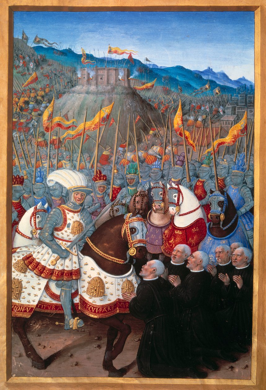 Luis XII (1462-1515) recibió a seis burgueses de Génova arrodillados (25 de abril de 1507). Miniatura de Jean Bourdichon (1457? - 1521) en "Voyage de Genes" (Folio 20v) escrito por Jean Marot, c.1508. París, B N de Jean Bourdichon
