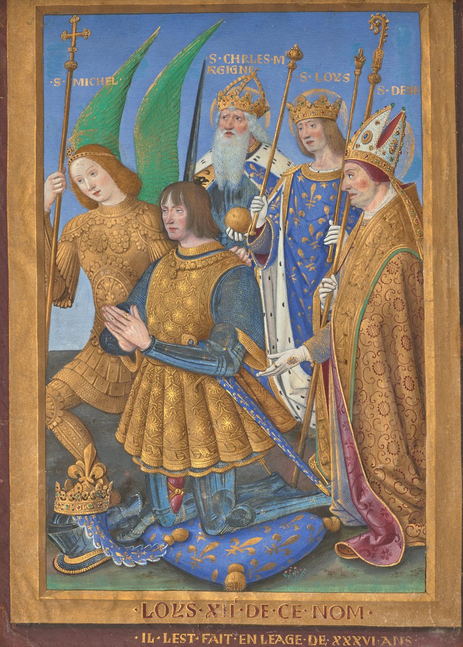 Luis XII de Francia arrodillado en oración, acompañado por los santos Miguel, Carlomagno, Luis y Dionisio de Jean Bourdichon