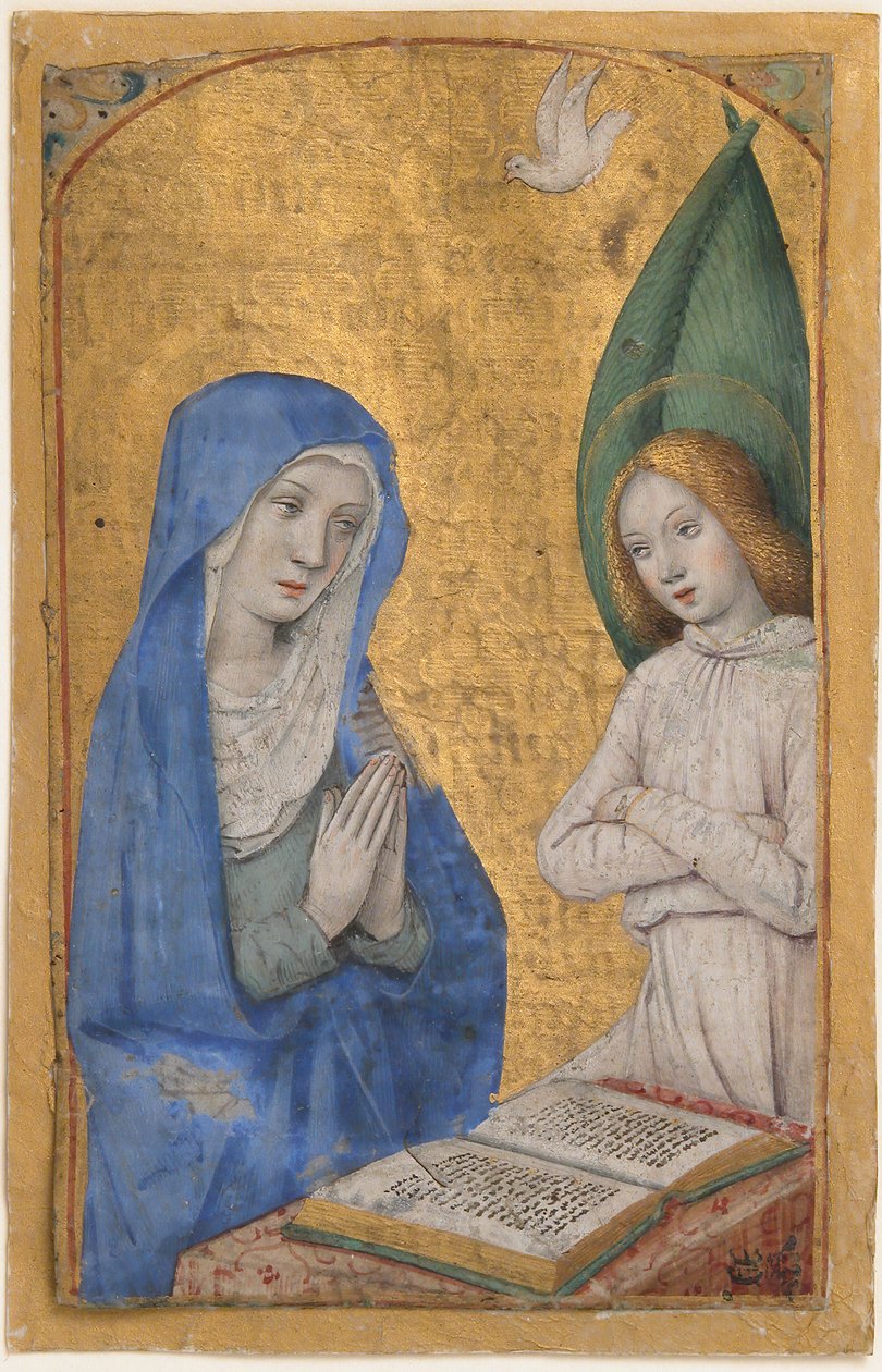 Hoja de manuscrito con la Anunciación de un Libro de Horas, francés de Jean Bourdichon