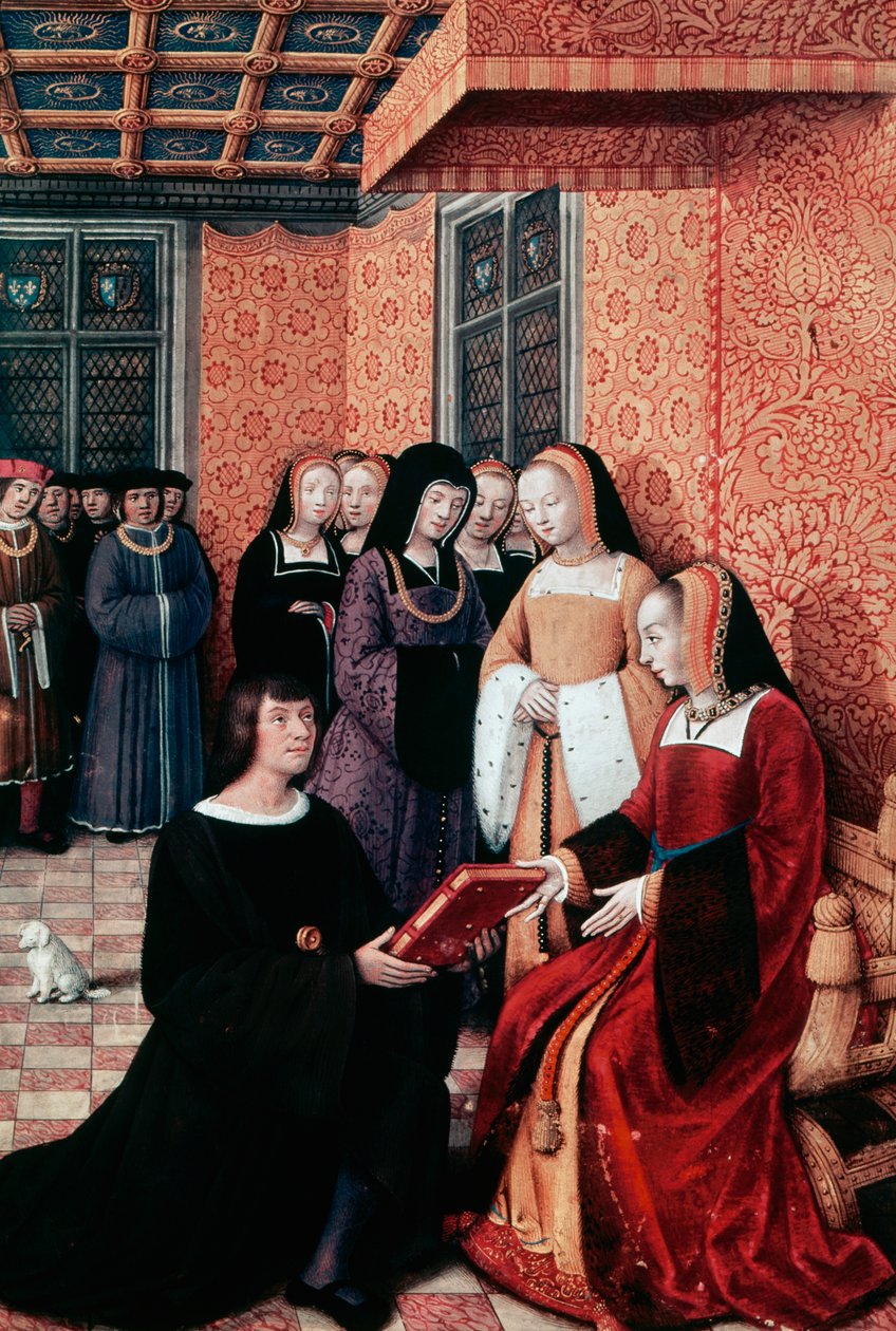 El poeta Jean Marot (1450-1526) entregando su obra Viaje a Génova a Ana de Bretaña (1477-1514), ca 1508, miniatura de Jean Bourdichon (1457-1521). Francia de Jean Bourdichon