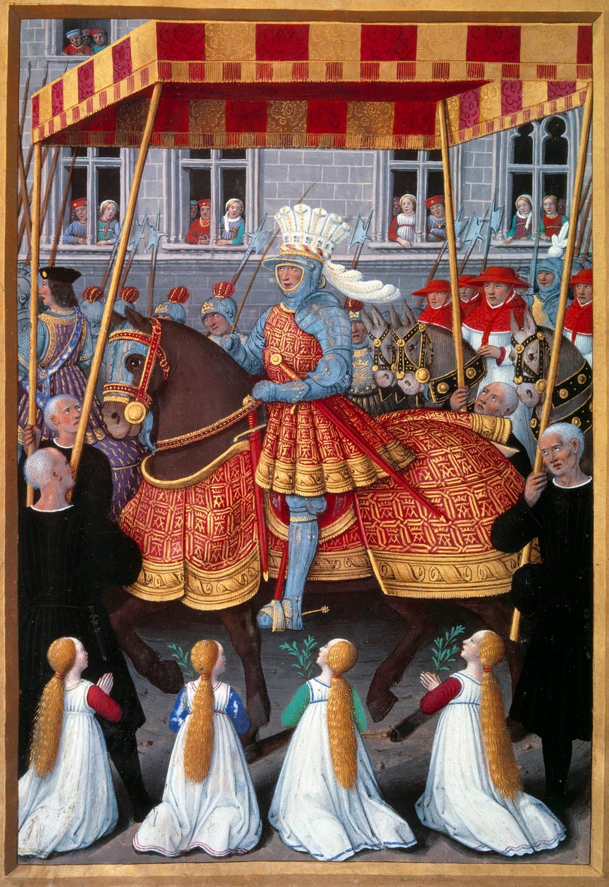 La entrada triunfal del rey Luis XII a Génova en abril de 1507. Miniatura tomada de “El viaje a Génova” de Jean Marot, iluminado por Jean Bourdichon, 1508. París, B.N. de Jean Bourdichon