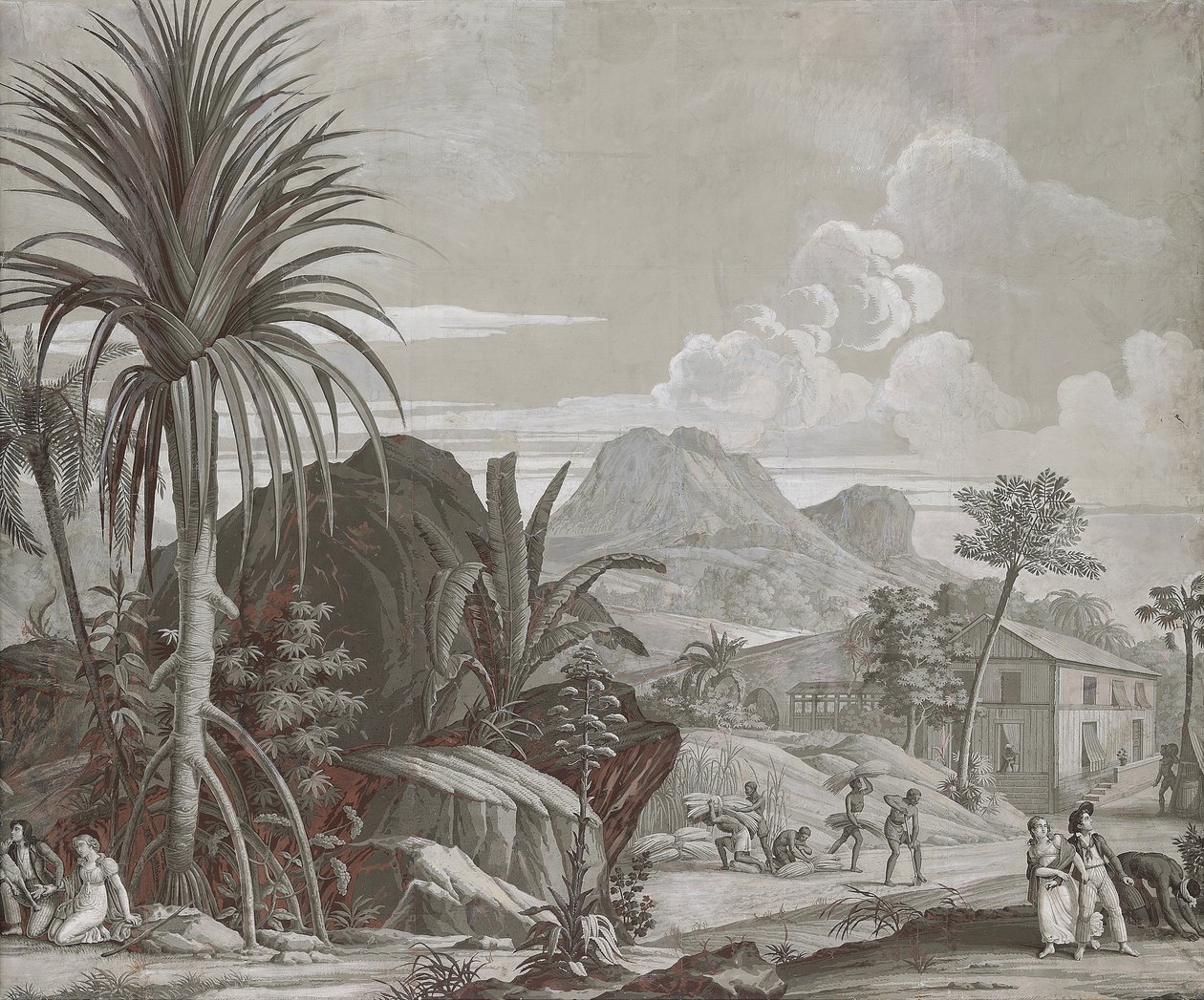 Saliendo a caminar, panel de papel tapiz de la serie "Paul et Virginie", por Dufour & Cie, c.1823 de Jean Broc