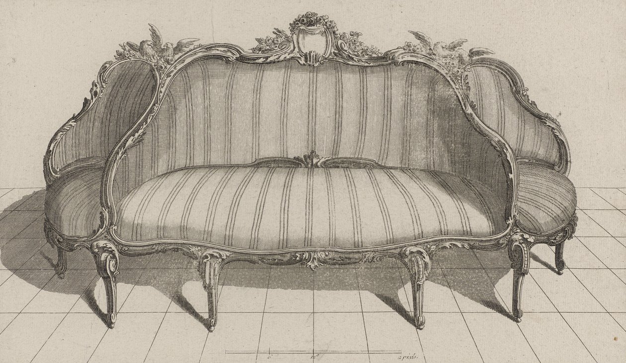 Canapé à Jouë dans le gout Pictoresque, publicado a mediados de la década de 1770 (grabado en papel verjurado) de Jean Charles (after) Delafosse
