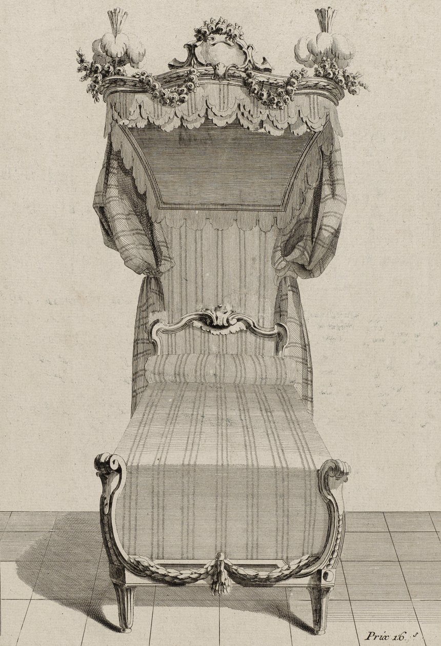 Lit à la Française, publicado a mediados de la década de 1770 (grabado en papel verjurado) de Jean Charles (after) Delafosse