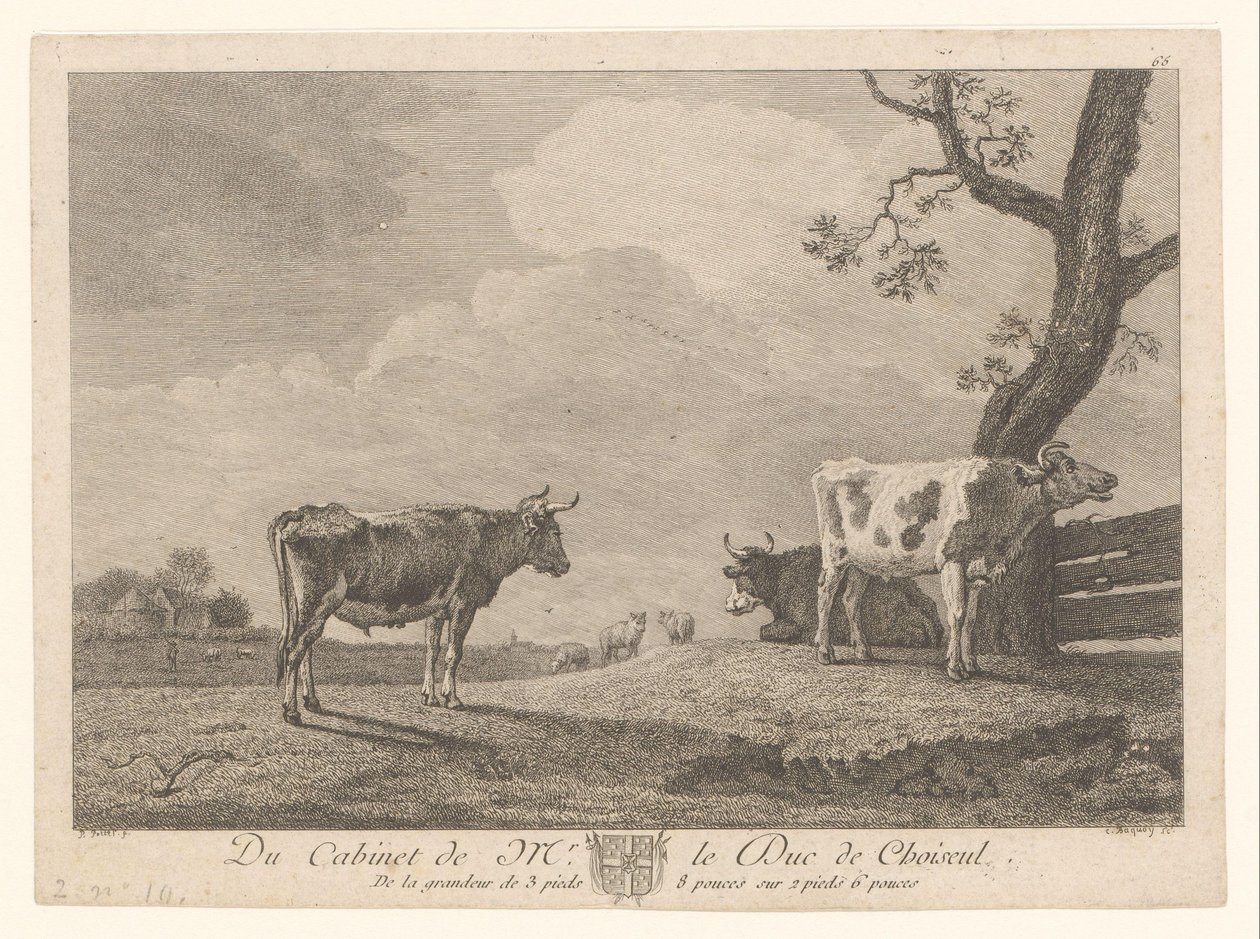 Tres vacas en un prado Obras de la colección de Étienne François de Choiseul (título de la serie) Du gabinete de mr. le Duc de Choiseul (título de la serie sobre el objeto) de Jean Charles Baquoy