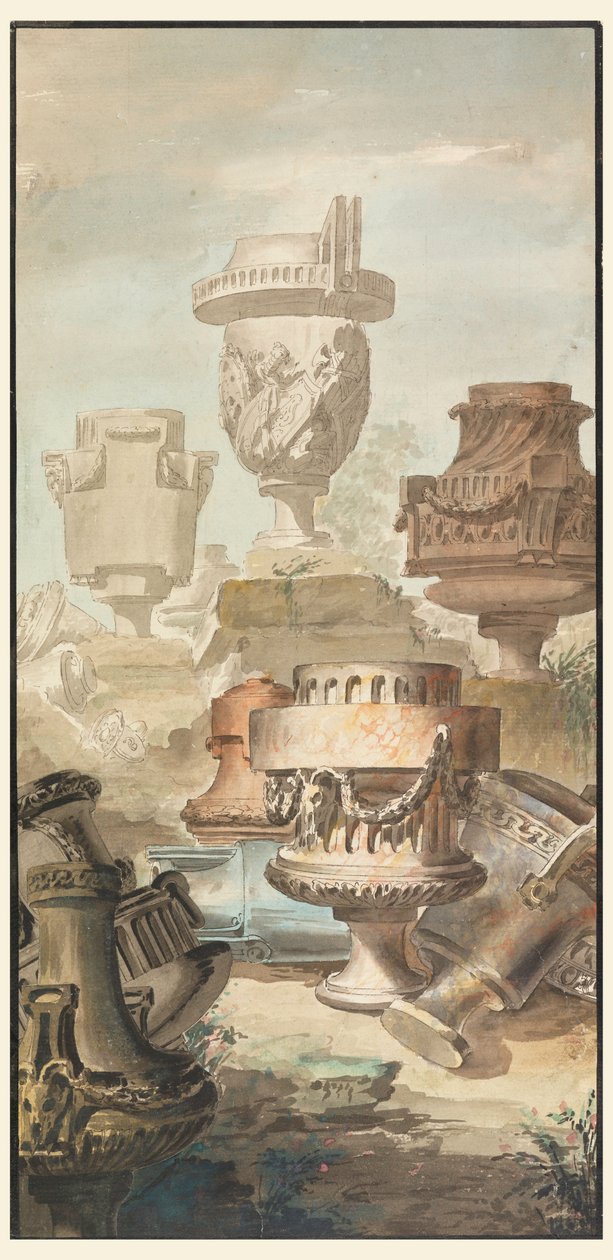 Dibujo, Fantasía de la ruina: Jarrones y Urnas, 1770 de Jean Charles Delafosse