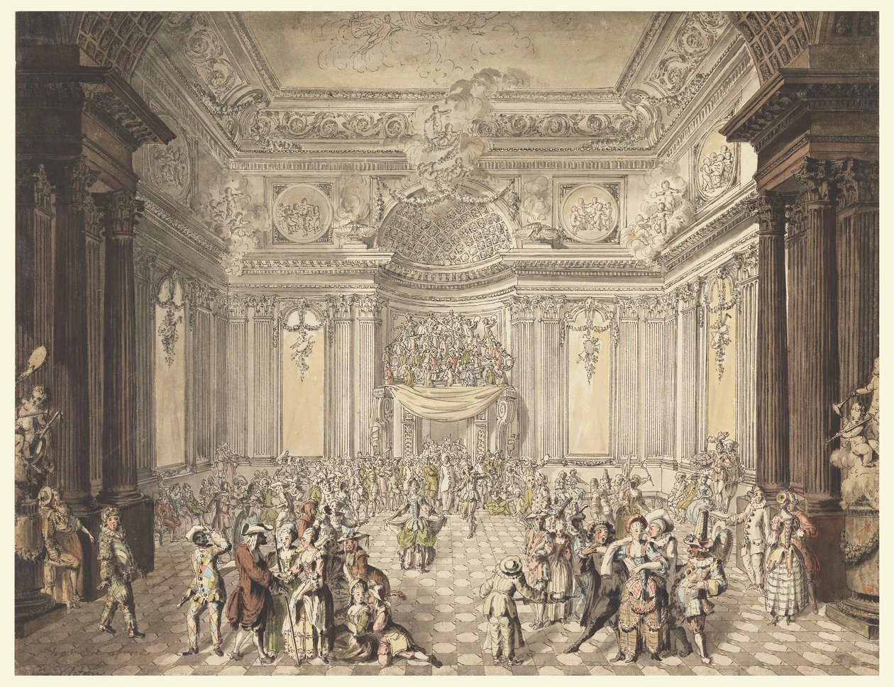 Dibujo, Vista del baile de máscaras, 1770-80 de Jean Charles Delafosse