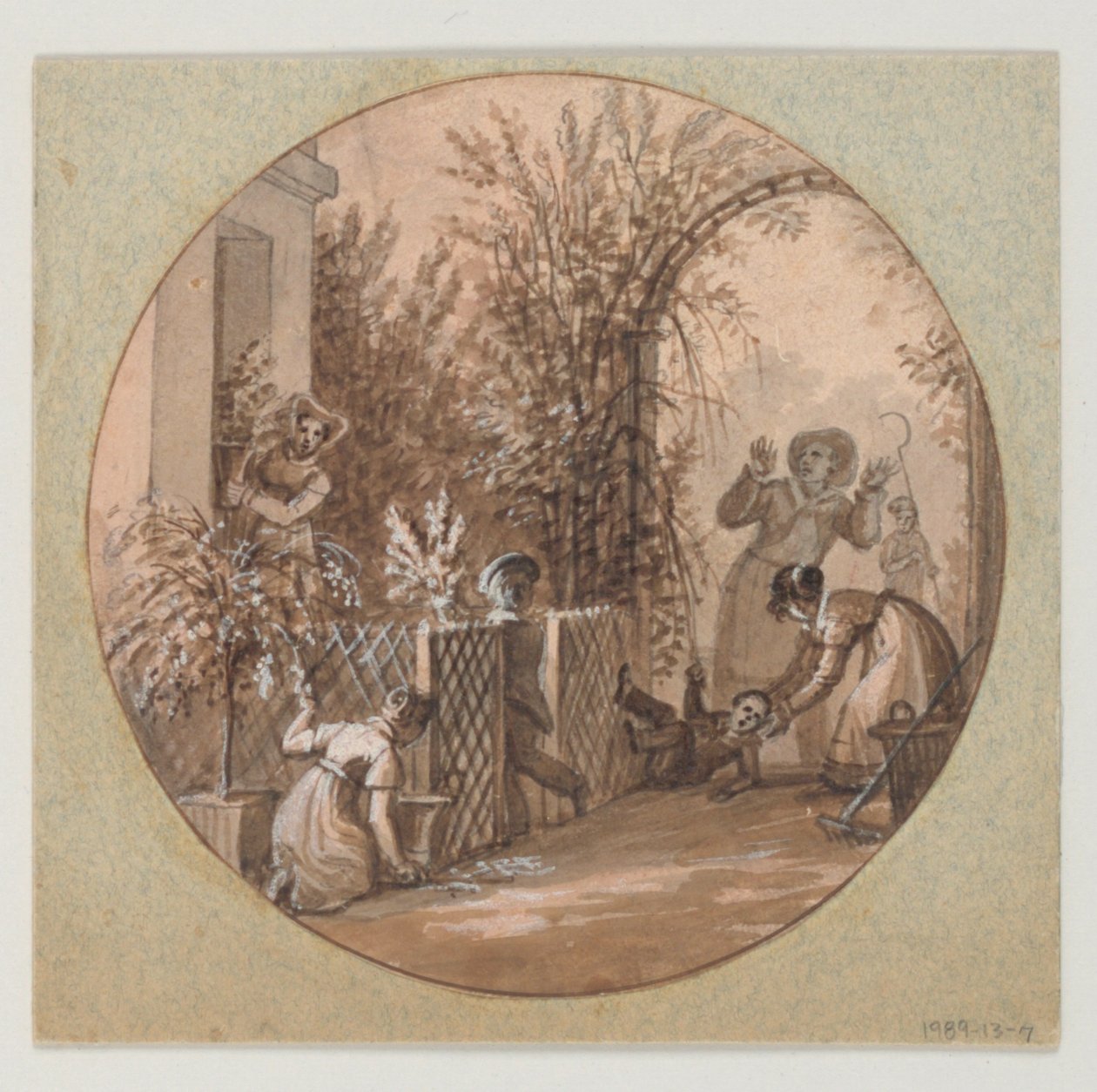 Diseño para un plato de porcelana pintado, escena de jardín del Servicio de Cultivo de Flores de Jean Charles Develly