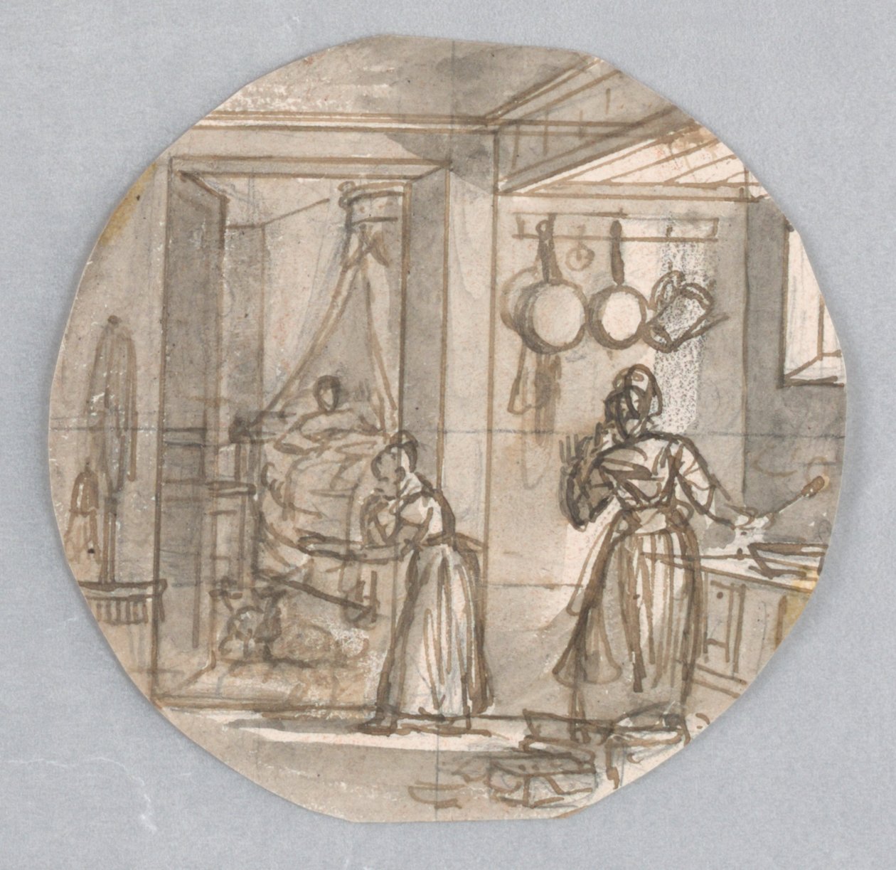 Diseño para un plato de porcelana pintado, escena de cocina con dormitorio trasero, posiblemente para el Service des Objets de Dessert (Servicio de Postres) de Jean Charles Develly