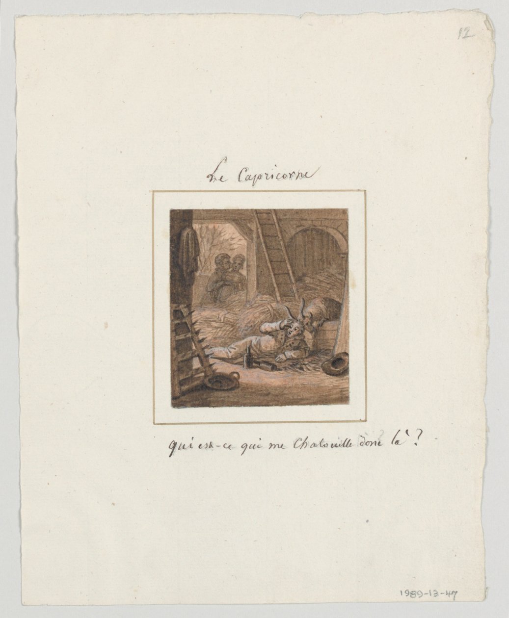 Diseño para un plato de porcelana pintado, Le Capricorne (Capricornio) del servicio le Zodiac Travesti (El zodiaco farsante) de Jean Charles Develly