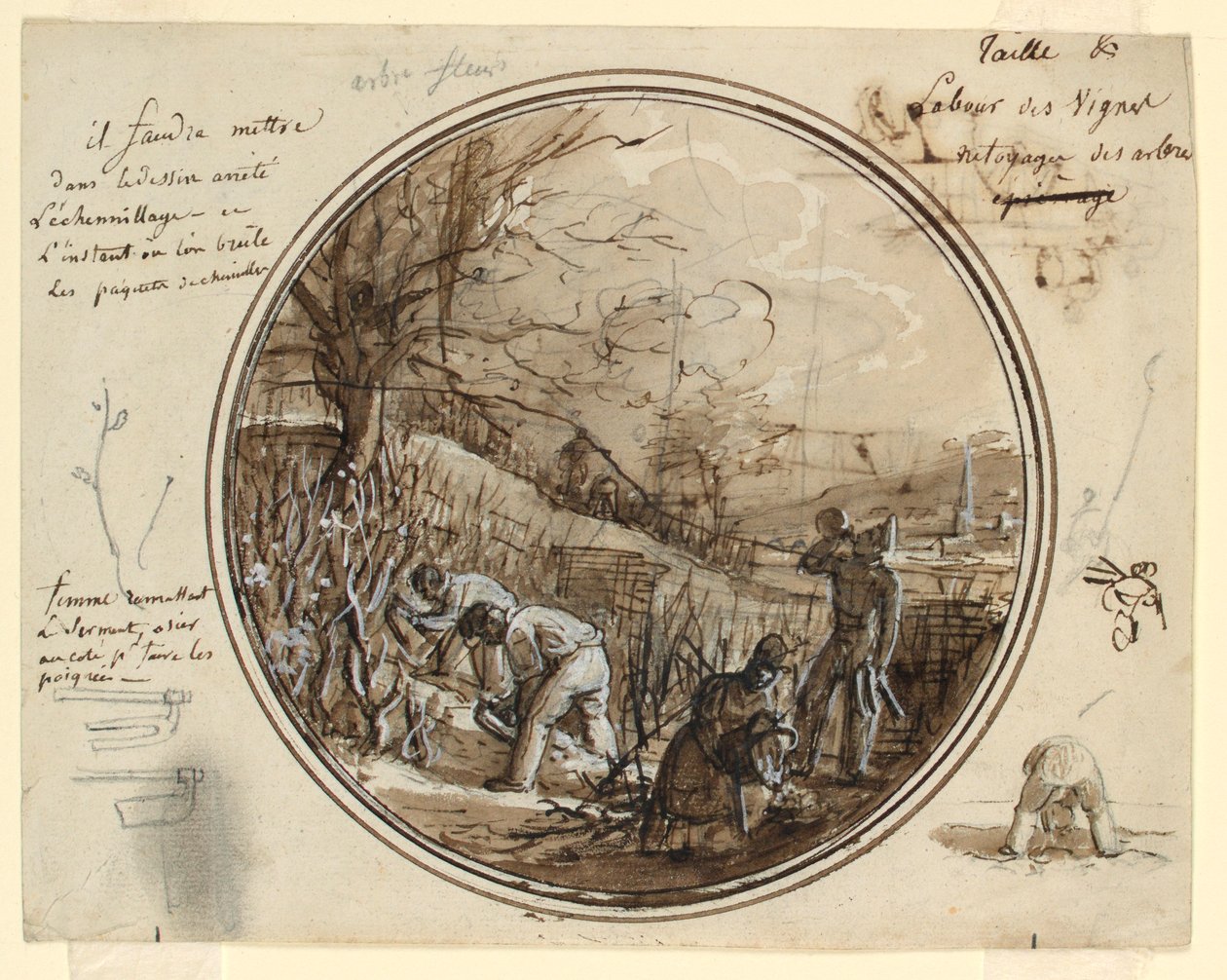 Dibujo, Diseño para un plato de porcelana pintado, Corte y trabajo en la viña, 1819-20 de Jean Charles Develly
