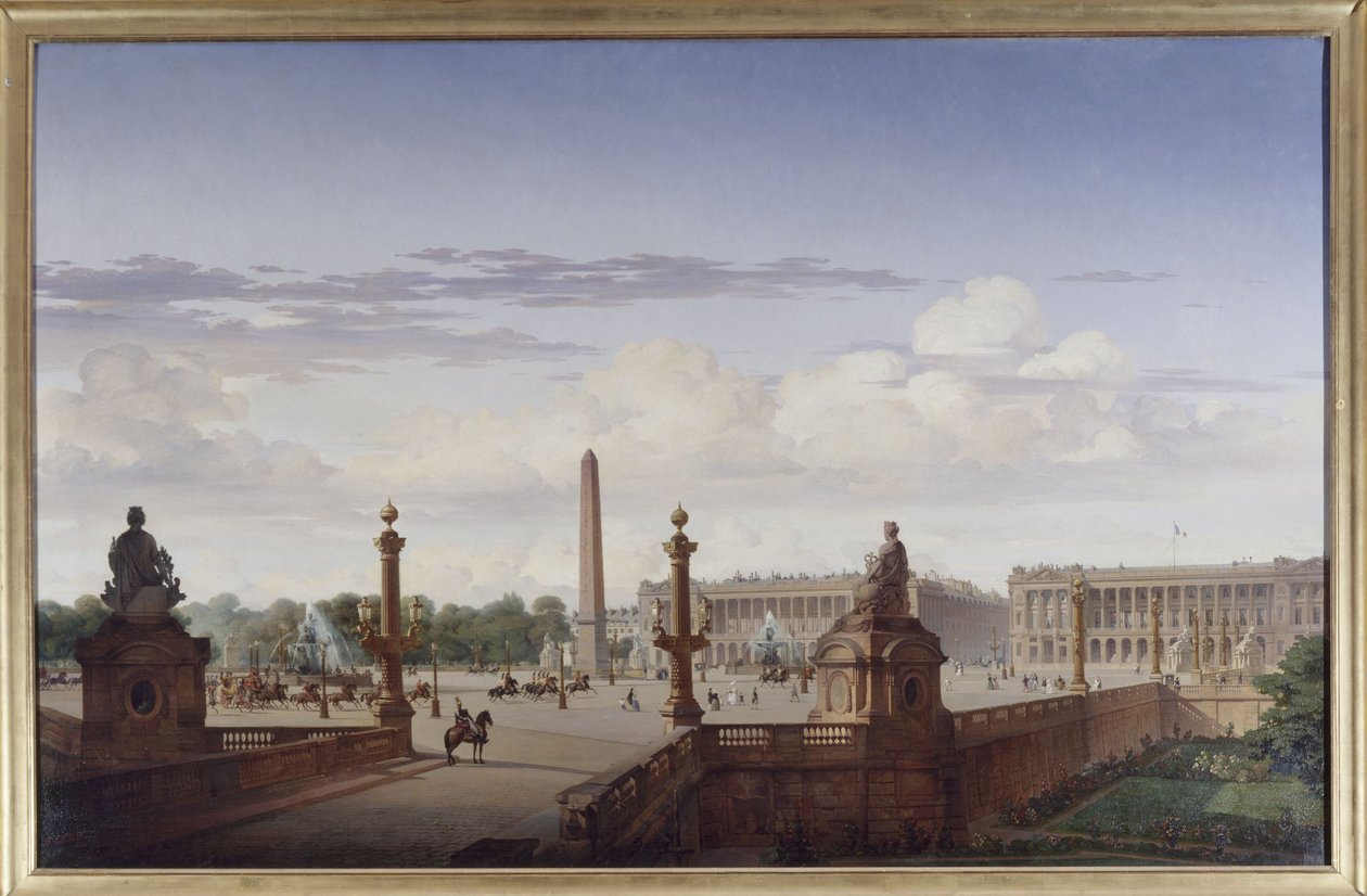 Plaza de la Concordia, vista desde la terraza ribereña; el rey Luis Felipe cruza la plaza en carruaje, 1846 (óleo sobre lienzo) de Jean Charles Geslin