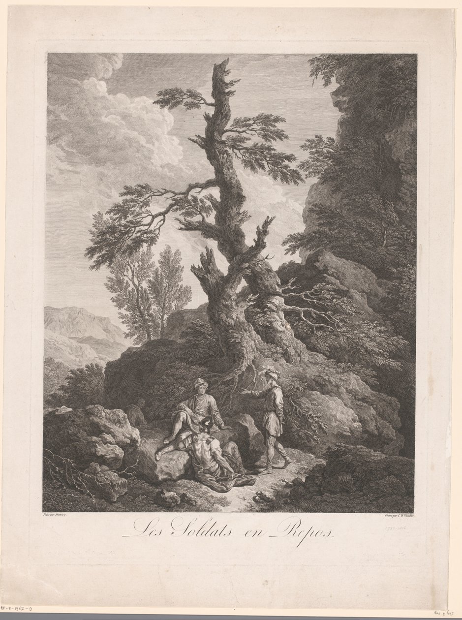 Soldados descansando frente a un árbol en un paisaje rocoso
Les soldats en repos (título en el objeto) de Jean Charles Levasseur