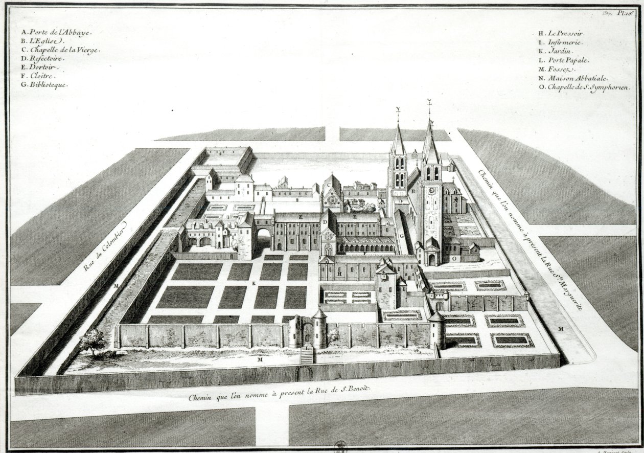 Vista de la Abadía de Saint-Germain-des-Prés antes de 1640, grabado por Antoine Herisset (1685-1769) de Jean Chaufourier