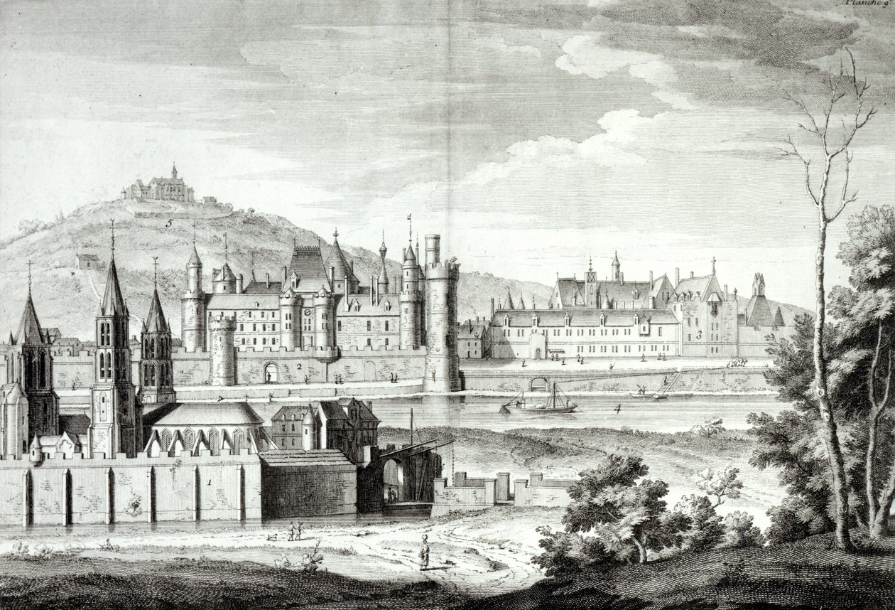 Vista de la Abadía de Saint-Germain-des-Prés, el Louvre, Petit Bourbon, Montmartre y el Sena en 1410, grabado por Antoine Herisset (1685-1769) de Jean Chaufourier
