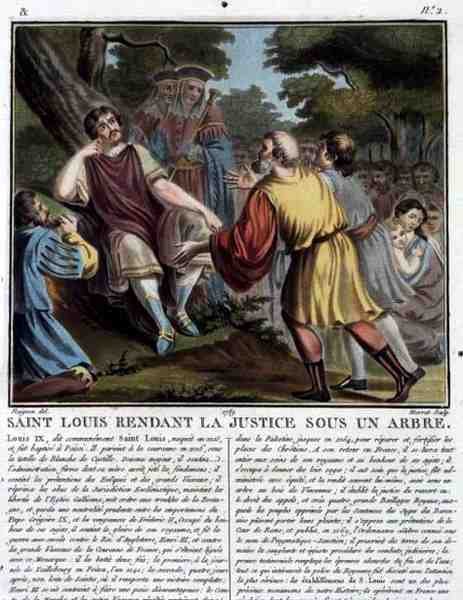 San Luis (1215-70) Administra Justicia Bajo un Árbol, grabado por Jean Baptiste Morret (fl. 1790-1820) 1789 (grabado en color) de Jean Claude (after) Naigeon