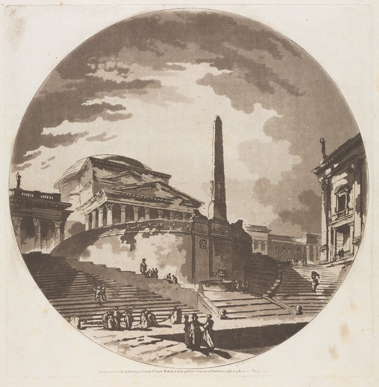 Vista de la rotonda con escaleras en el Tíber, 1766 de Jean Claude Richard de Saint Non