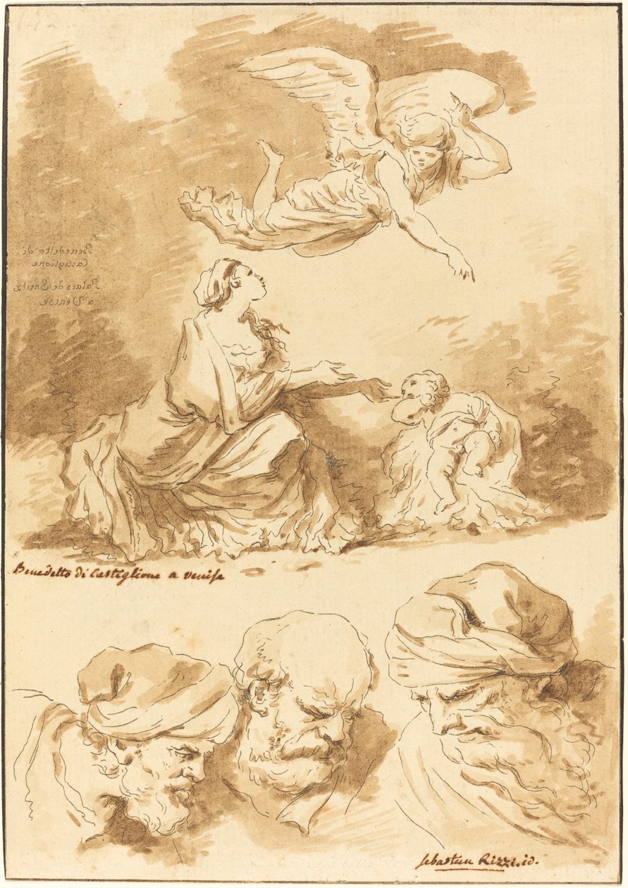 Agar consolada por un ángel (de una pintura de Castiglione) y tres cabezas de ancianos (de una pintura de Ricci de Jesús y la adúltera) de Jean Claude Richard de Saint Non after Jean Honoré Fragonard