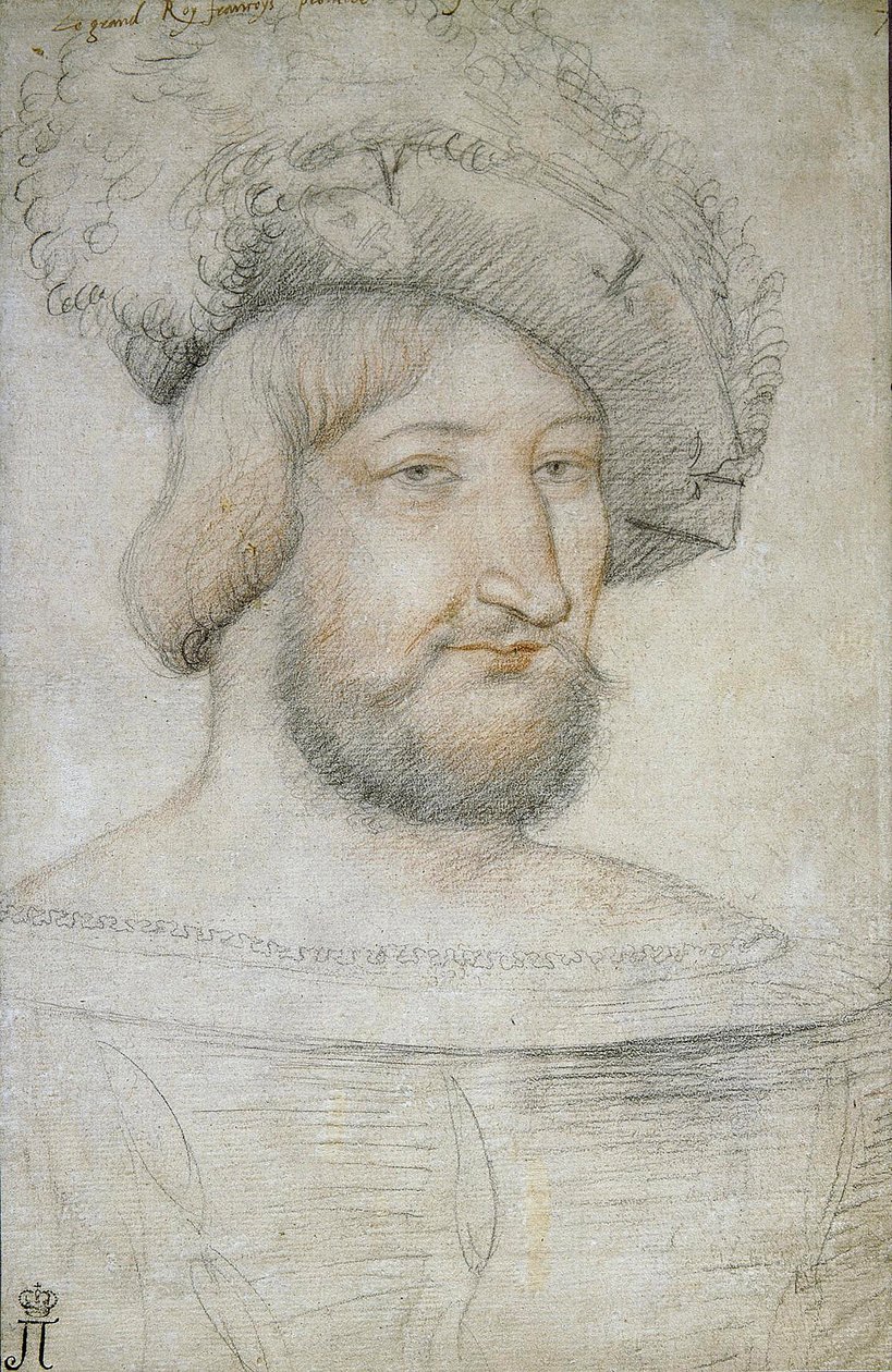 Retrato de Francisco I (1494-1547), Rey de Francia por Clouet, Jean (c. 1485-1541). Tiza negra y sanguina sobre papel, tamaño: 29,3x19,1, Primera Mitad del siglo XVI, Museo del Hermitage, San Petersburgo de Jean Clouet