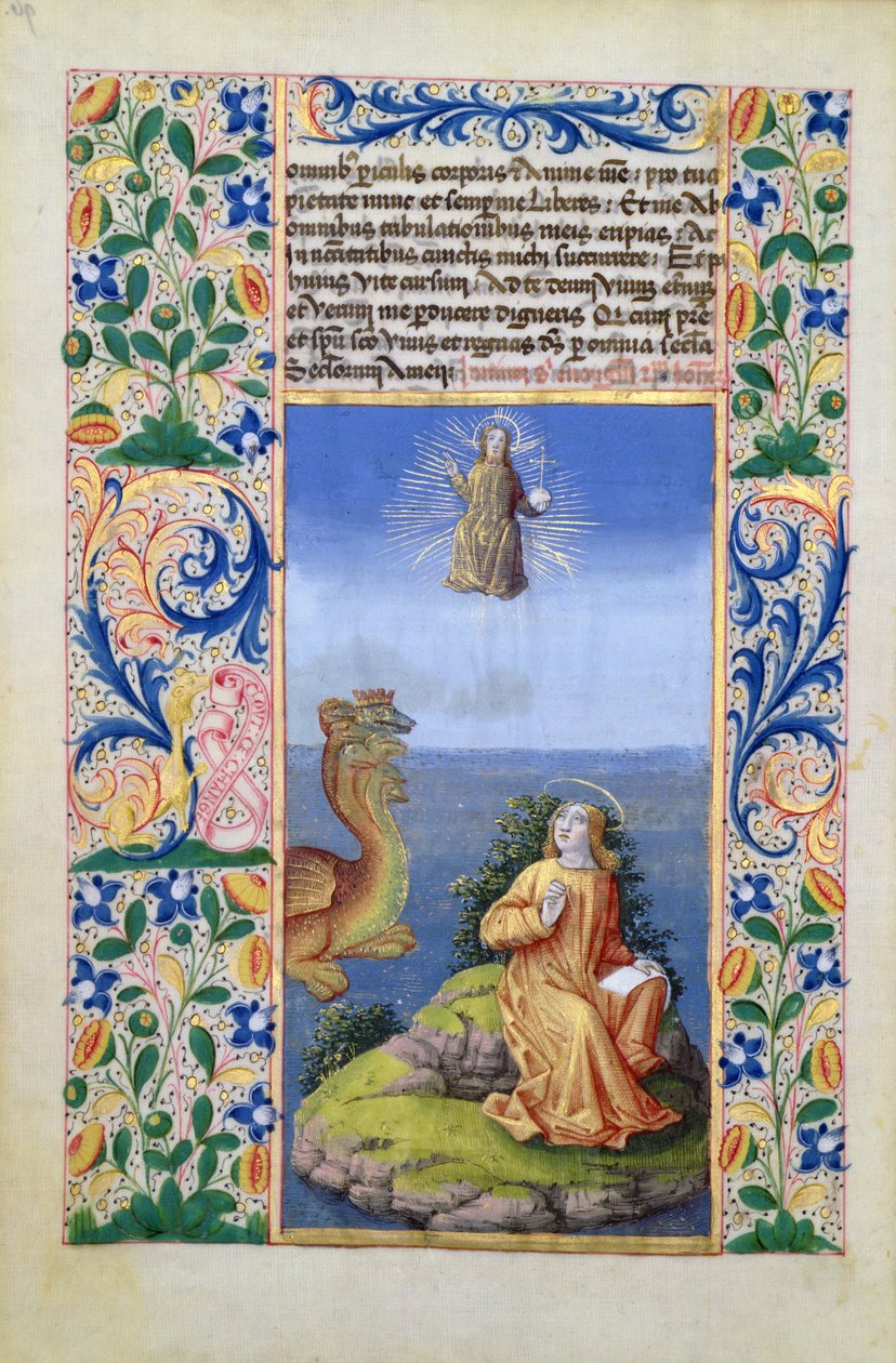 San Juan Evangelista en la isla de Patmos, del Libro de Horas de Luis de Orleans, 1469 de Jean Colombe