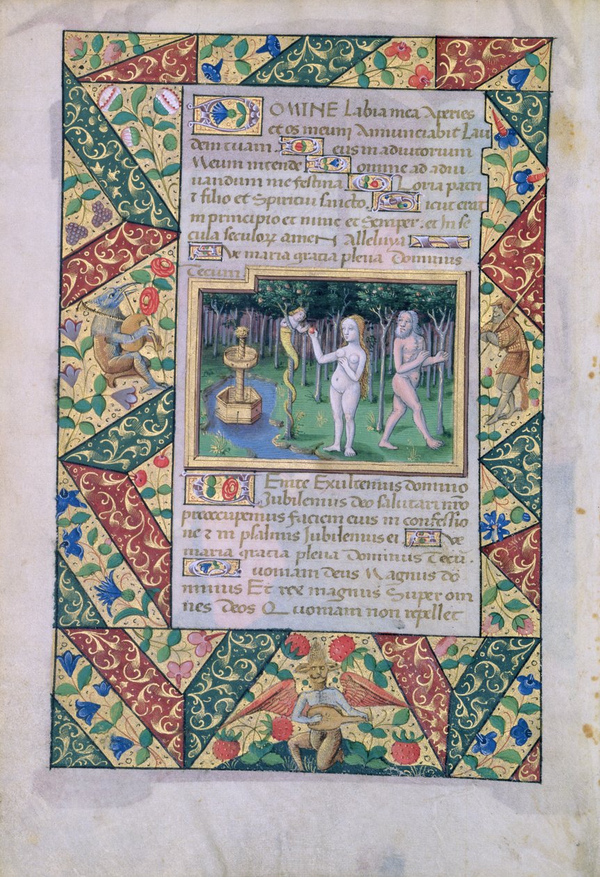La tentación en el Jardín del Edén, del Libro de Horas de Luis de Orleans, 1490 de Jean Colombe
