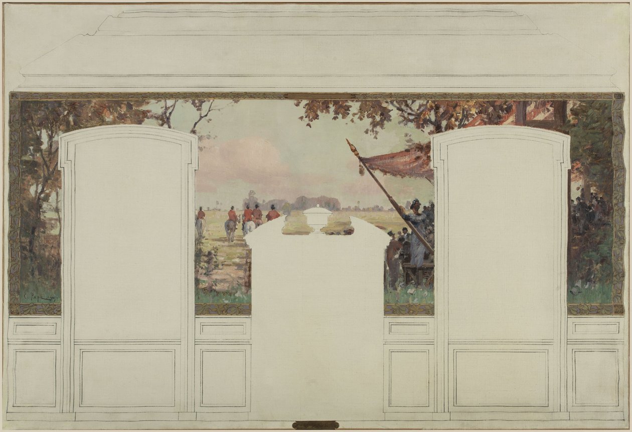 Boceto para el ayuntamiento de Fresnes: Paisaje con tribunas y jinetes de Jean Constant Pape