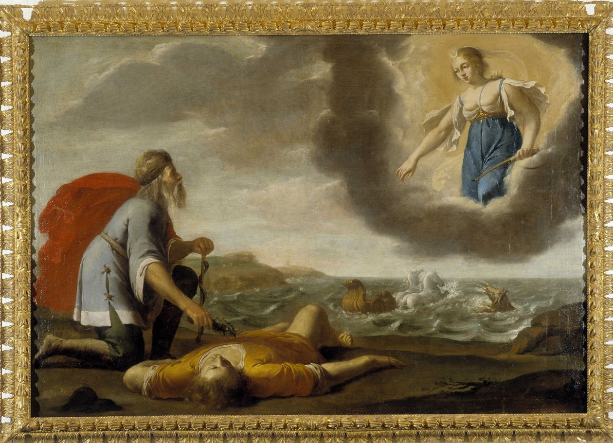 Esculapio resucitando a Hipólito: el hijo de Teseo muerto es resucitado por Esculapio bajo la mirada de Artemisa de Jean Daret