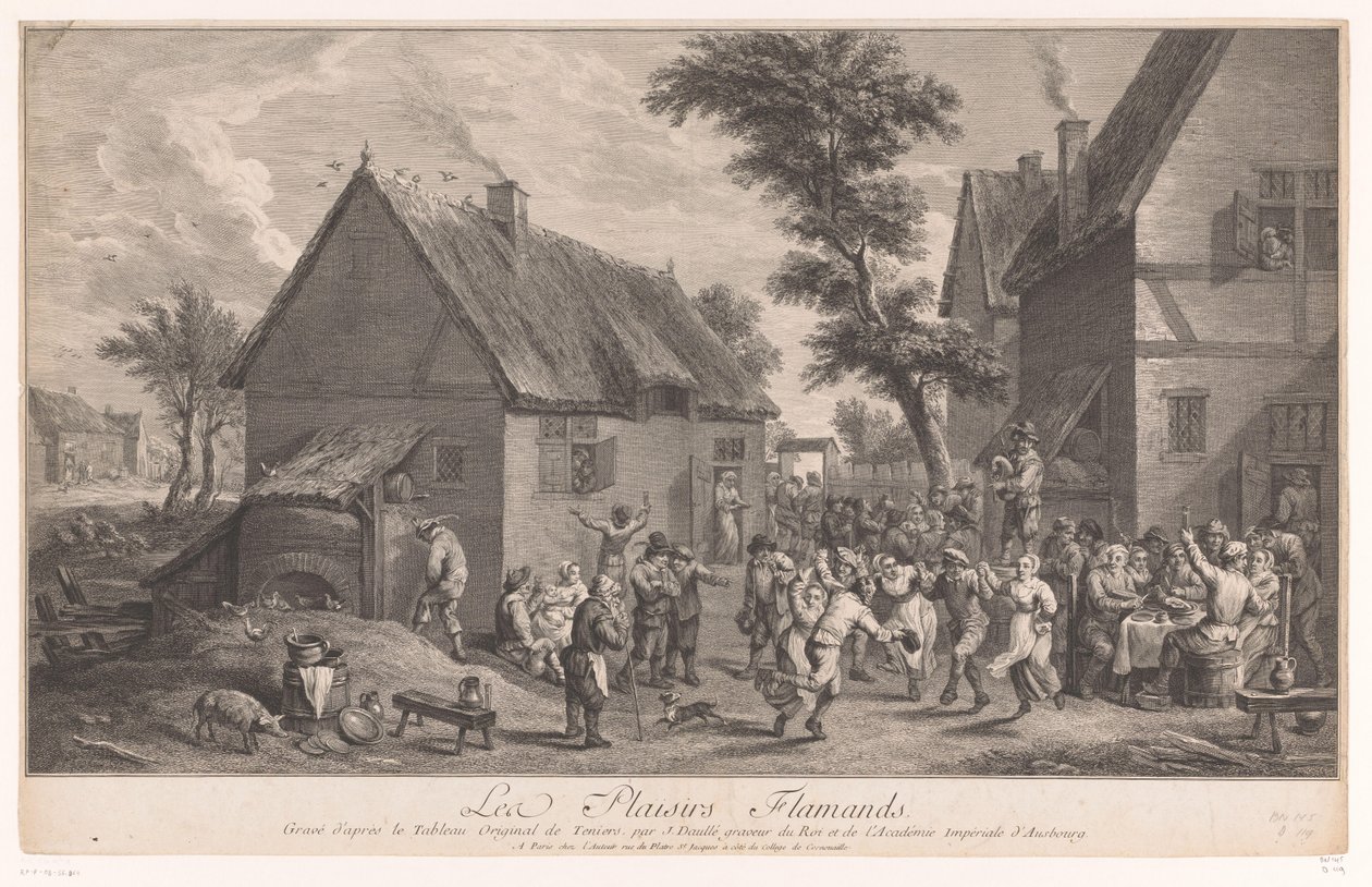 Gente bailando frente a una posada. Les Plaisirs Flamands de Jean Daullé