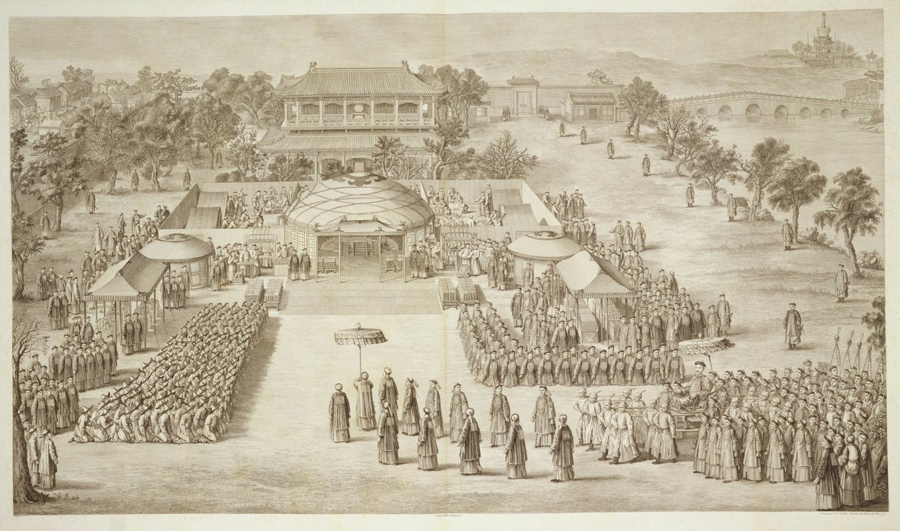 El Emperador Qianlong recibe el homenaje de los Eleuths conquistados (Tártaros Kalmucks) lámina 2 de una serie de grabados que representan las conquistas del Emperador de China, grabado por Jacques Philippe Le de Jean Denis Attiret