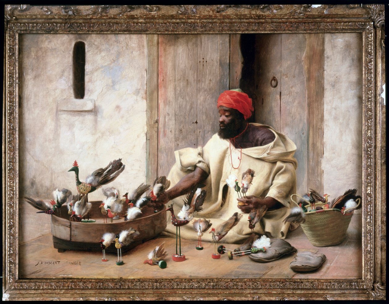 Un comerciante de pájaros en la calle de Tánger en Marruecos (pintura) de Jean Discart