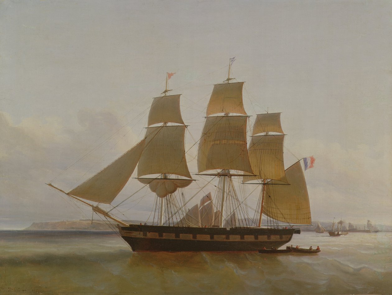 Barco de tres mástiles, en el puerto de Le Havre, 1846 de Jean Dominique Drouin