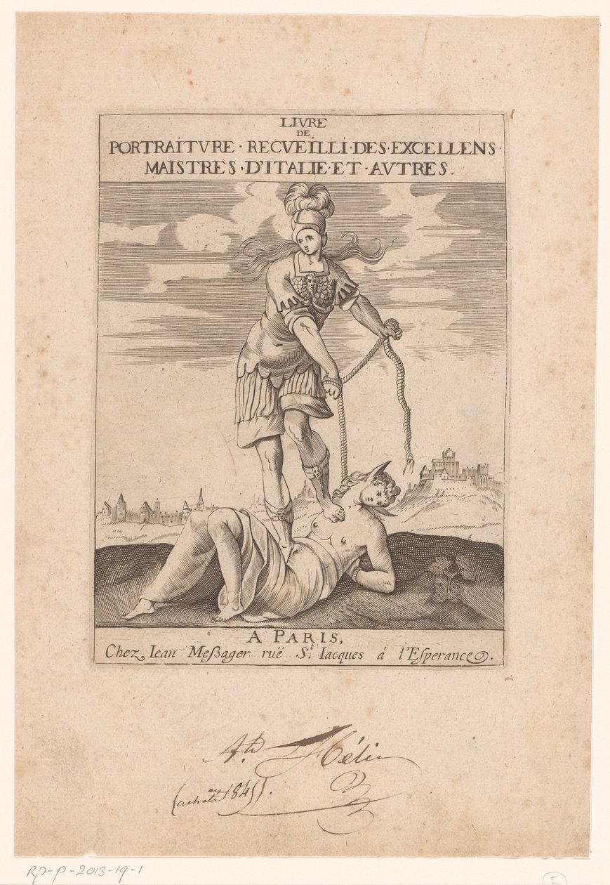 Minerva ata a la Estupidez con una cuerda Página de título para: s.n., Livre de portraiture receuilli des excellens maistres d
