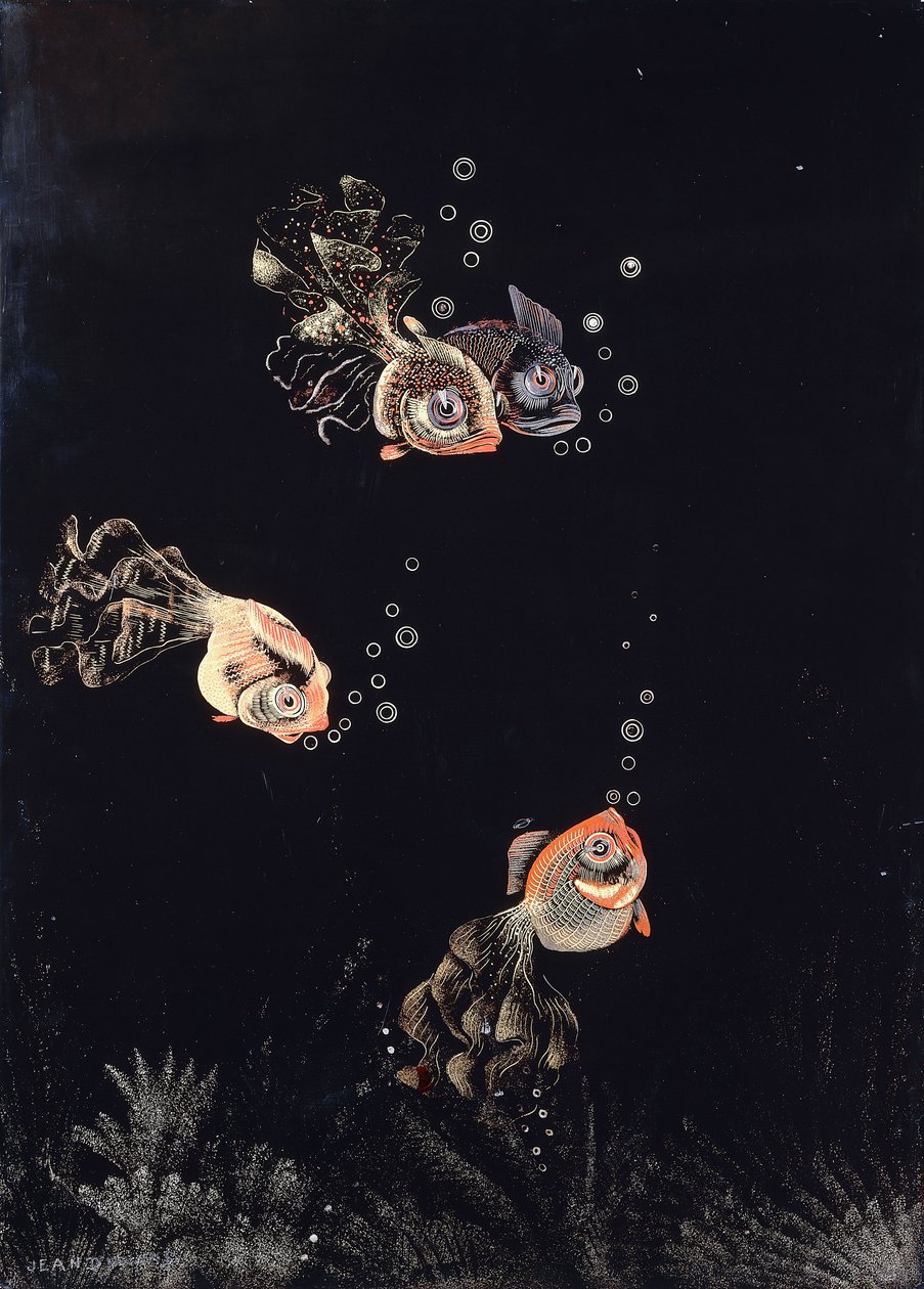 Un panel lacado de Jean Dunand, que representa una escena submarina con peces rojos y dorados soplando burbujas de aire de Jean Dunand