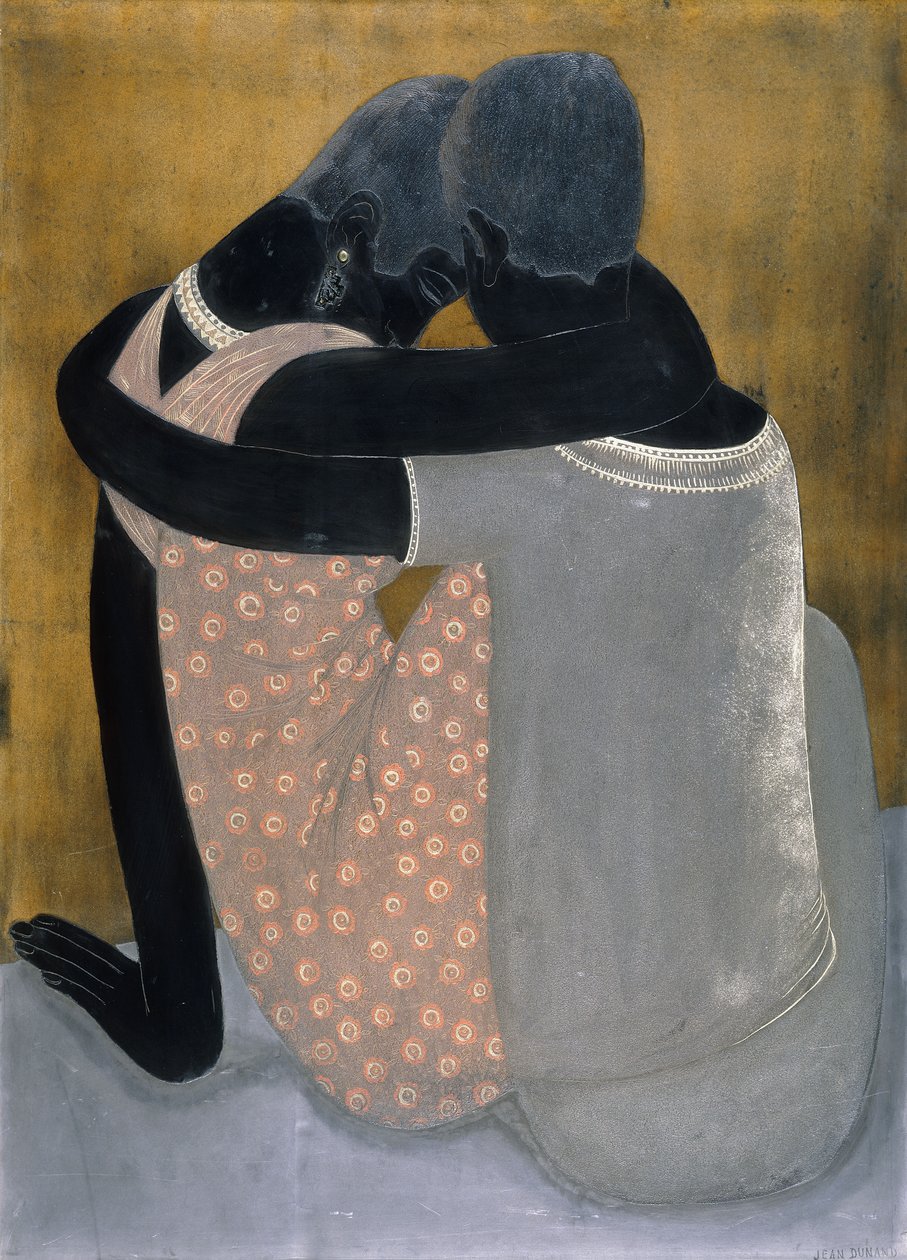 Dos damas sentadas con los brazos alrededor una de la otra, con las cabezas inclinadas de Jean Dunand