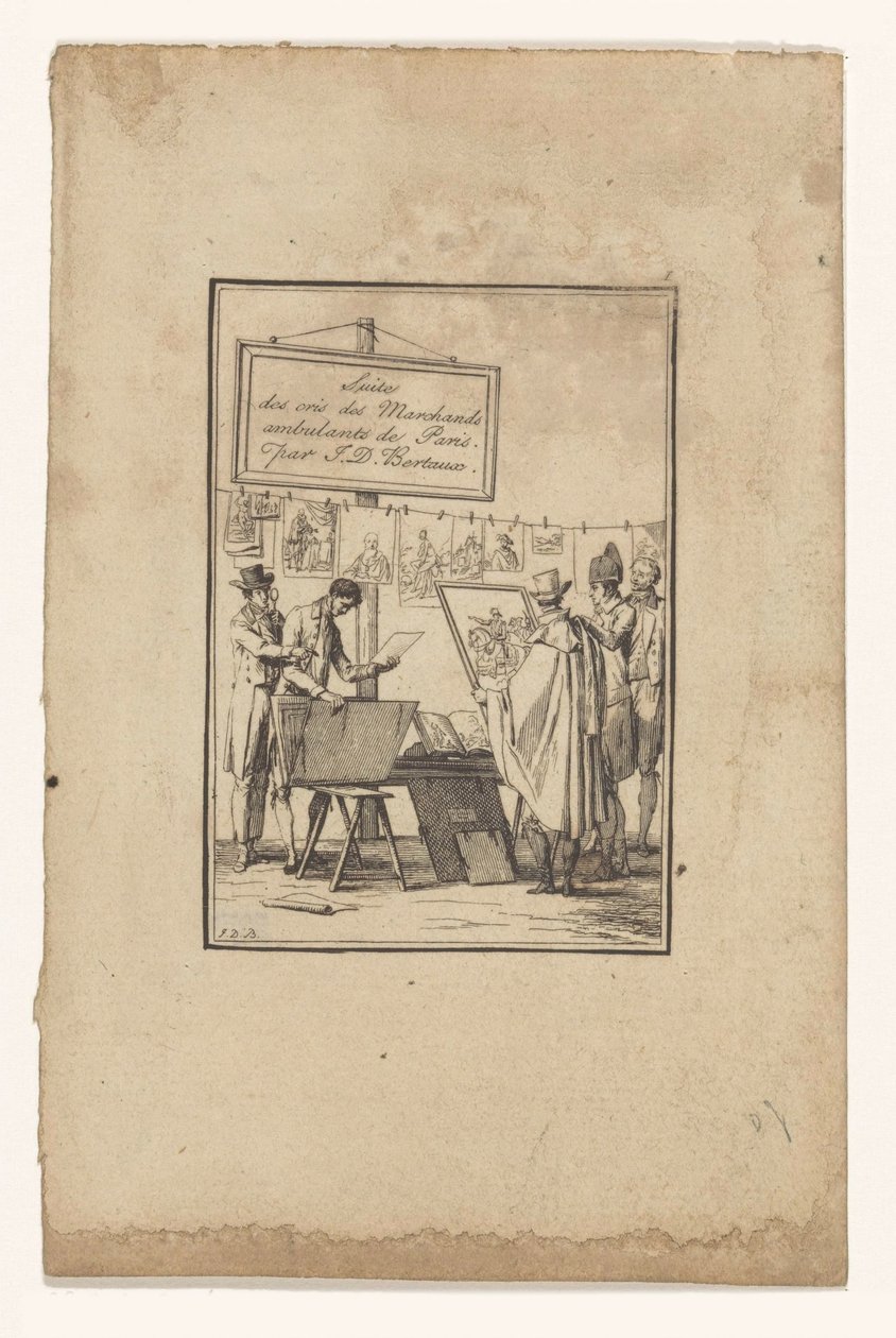 Puesto de un comerciante de impresos
Suite des cris des marchands ambulants de Paris (título de la serie en el objeto) de Jean Duplessis Bertaux