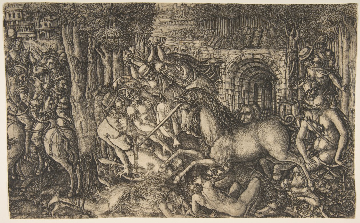 Un rey perseguido por un unicornio, de la serie del Unicornio, ca. 1555 de Jean Duvet