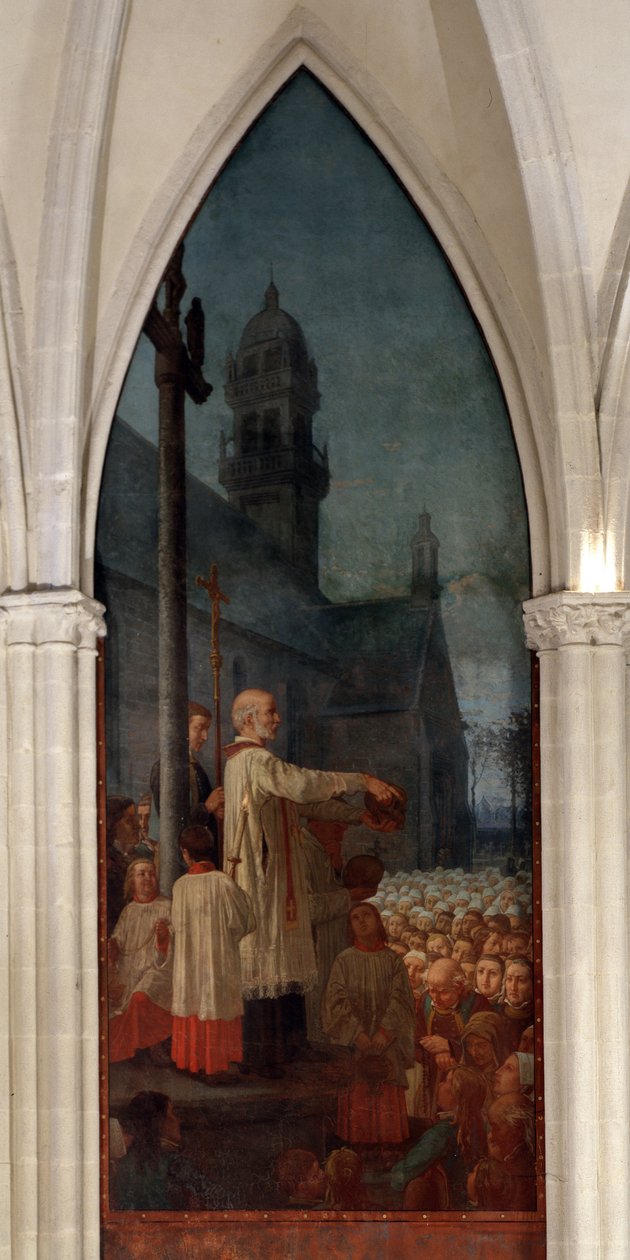 Predicación de Michel le Nobletz (1577-1652) en el exterior de una iglesia en Bretaña - Fresco, Catedral de San Corentín (Saint-Corentin), Quimper de Jean Edouard Dargent