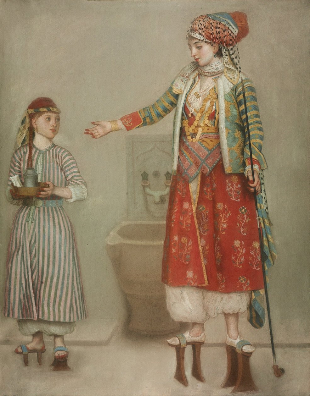 Una dama con traje turco con su sirviente en el hammam, mediados del siglo XVIII de Jean Étienne Liotard