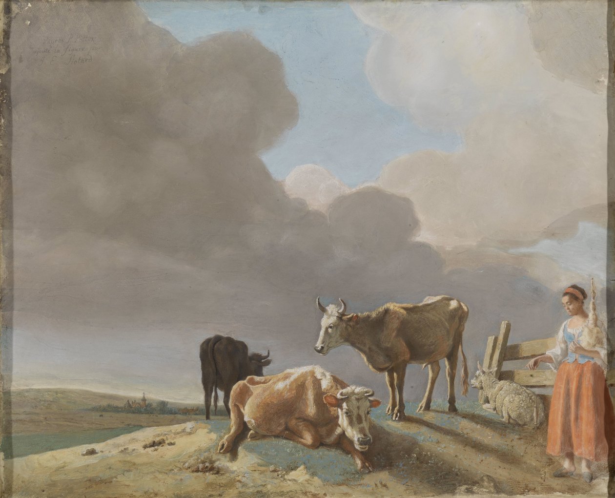 Paisaje con vacas, ovejas y pastora, copia modificada de un cuadro de Paulus Potter, la pastora copiada de un cuadro de Karel Dujardin (anverso); retrato inacabado de un hombre (reverso) de Jean Étienne Liotard