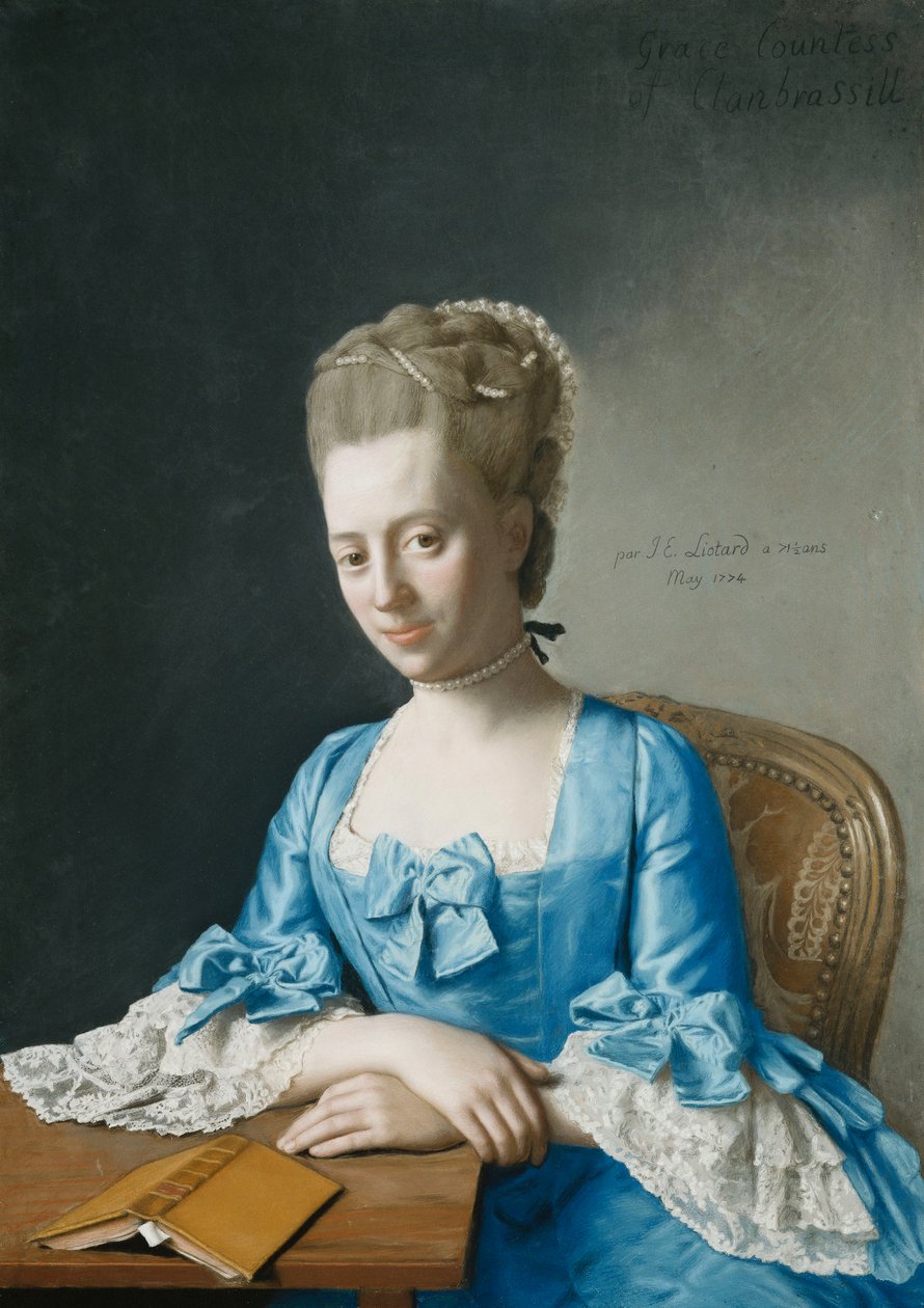 Retrato de Grace, condesa de Clanbrassil, de soltera Foley, medio cuerpo, con un vestido azul, sentada en una mesa, con las manos cruzadas, 1774 de Jean Étienne Liotard