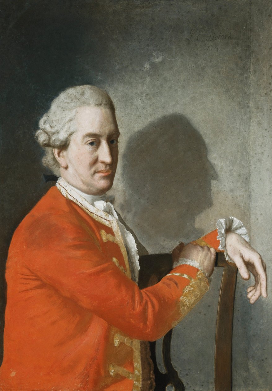 Retrato de James Hamilton, 2º Conde de Clanbrassil, medio cuerpo, con un abrigo rojo, sentado en una silla de caoba, su perfil proyectado en sombras en la pared detrás, 1774 de Jean Étienne Liotard