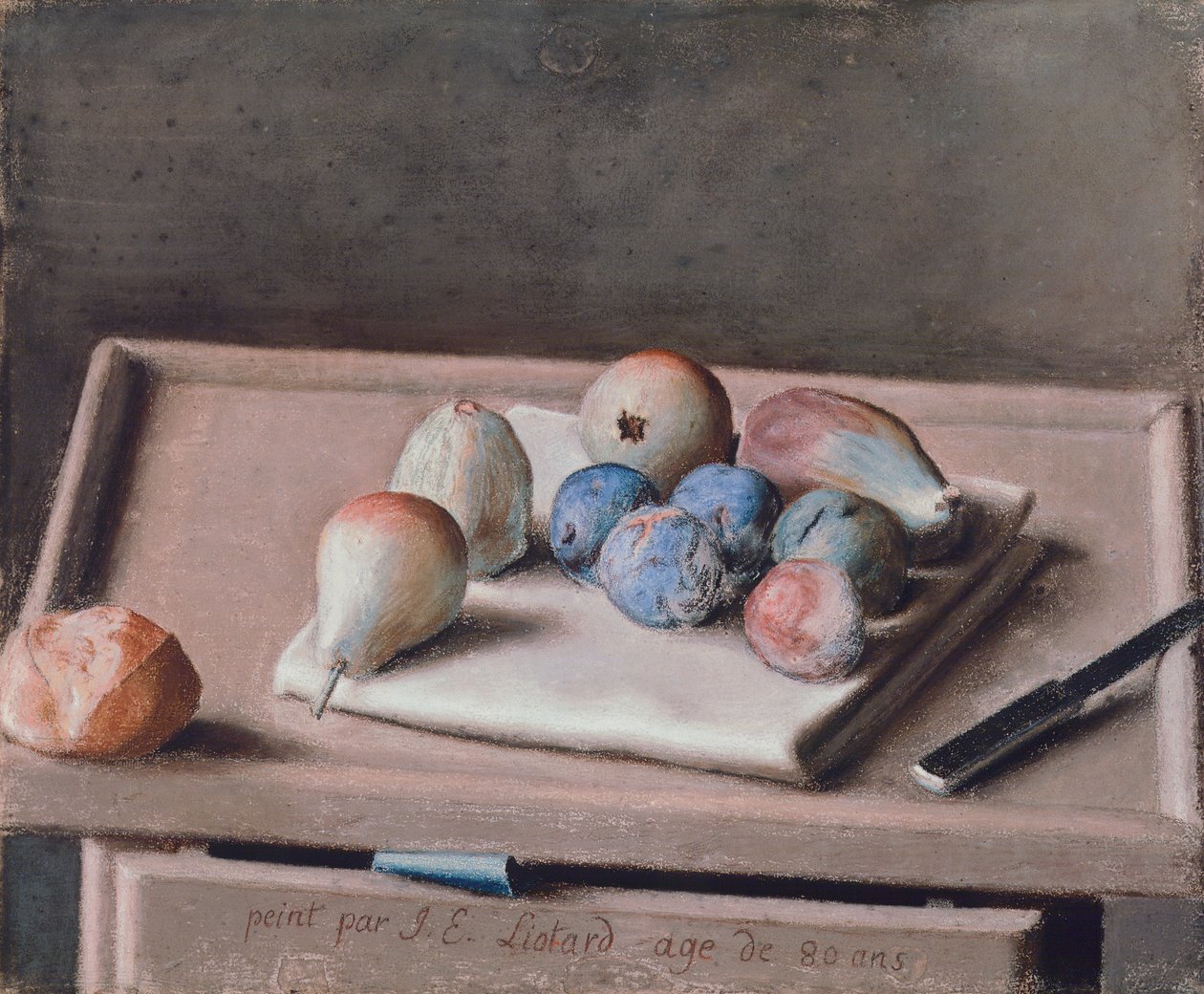 Naturaleza muerta con peras, higos, ciruelas, panecillo y cuchillo sobre la mesa de Jean Étienne Liotard