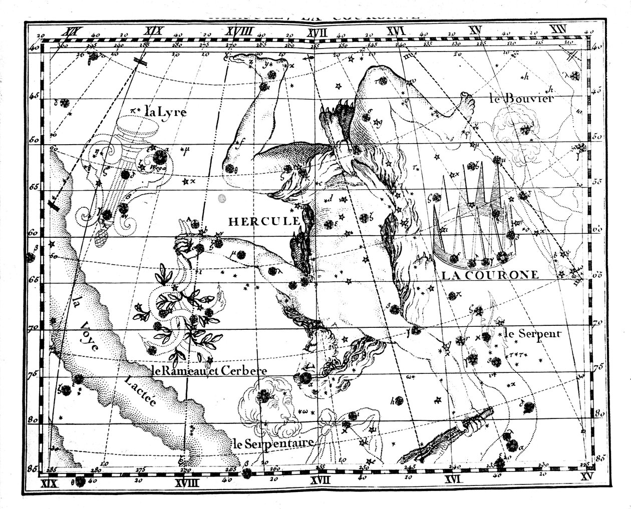 Mapa Astronómico, centrado en la constelación de Hércules, 1775 de Jean Fortin