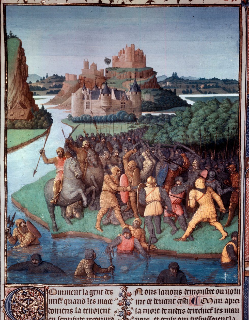 Batalla entre judíos y macedonios. Miniatura tomada de “El Libro de los Judíos Antiguos” (Antigüedades Judaicas) de Jean Fouquet (1420-1481) siglo XV París, B.N. de Jean Fouquet