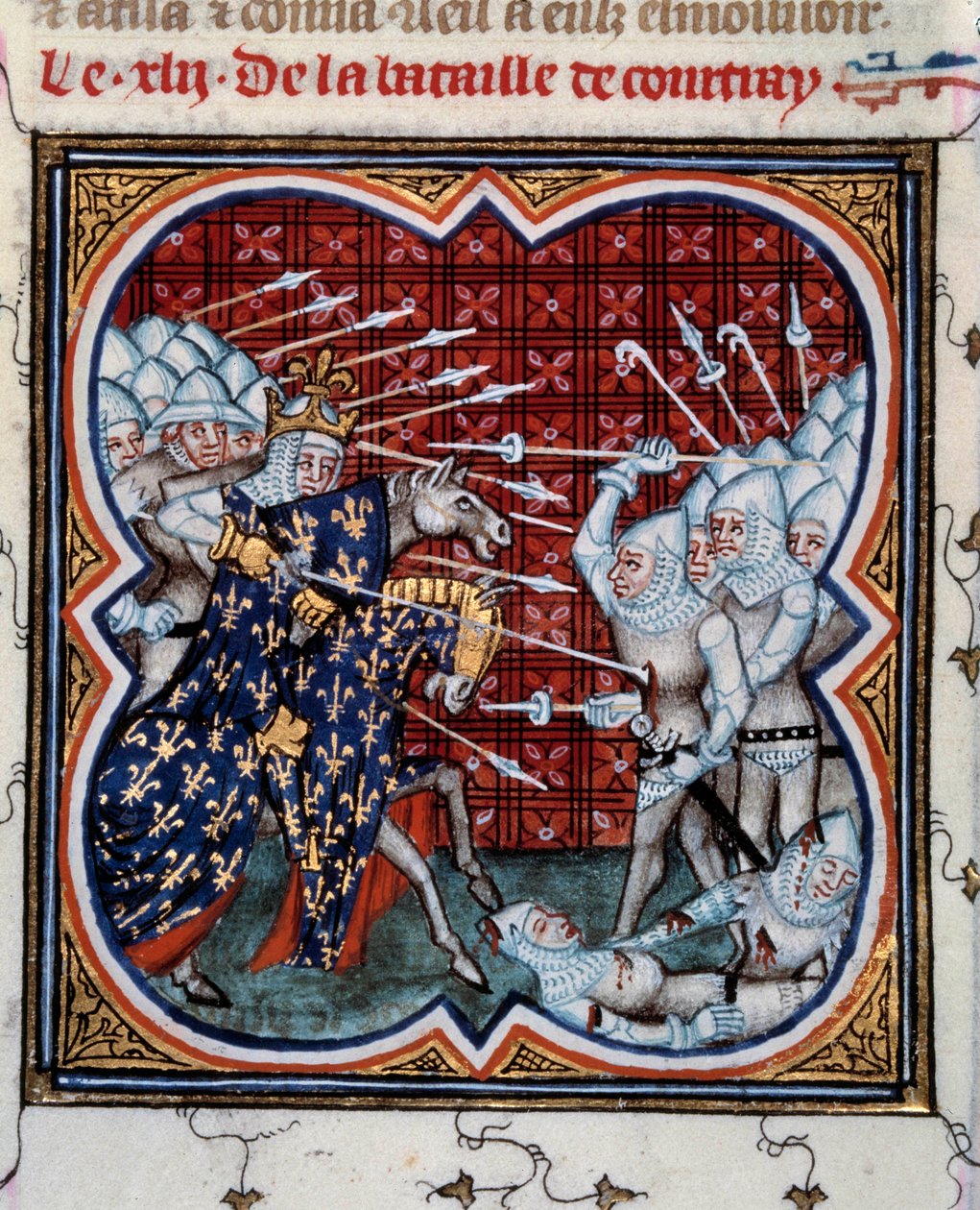 Batalla de Kortrijk entre Felipe IV el Hermoso (1268-1314) y los flamencos, llamada Batalla de las Espuelas de Oro 11/07/1302. Miniatura tomada de 